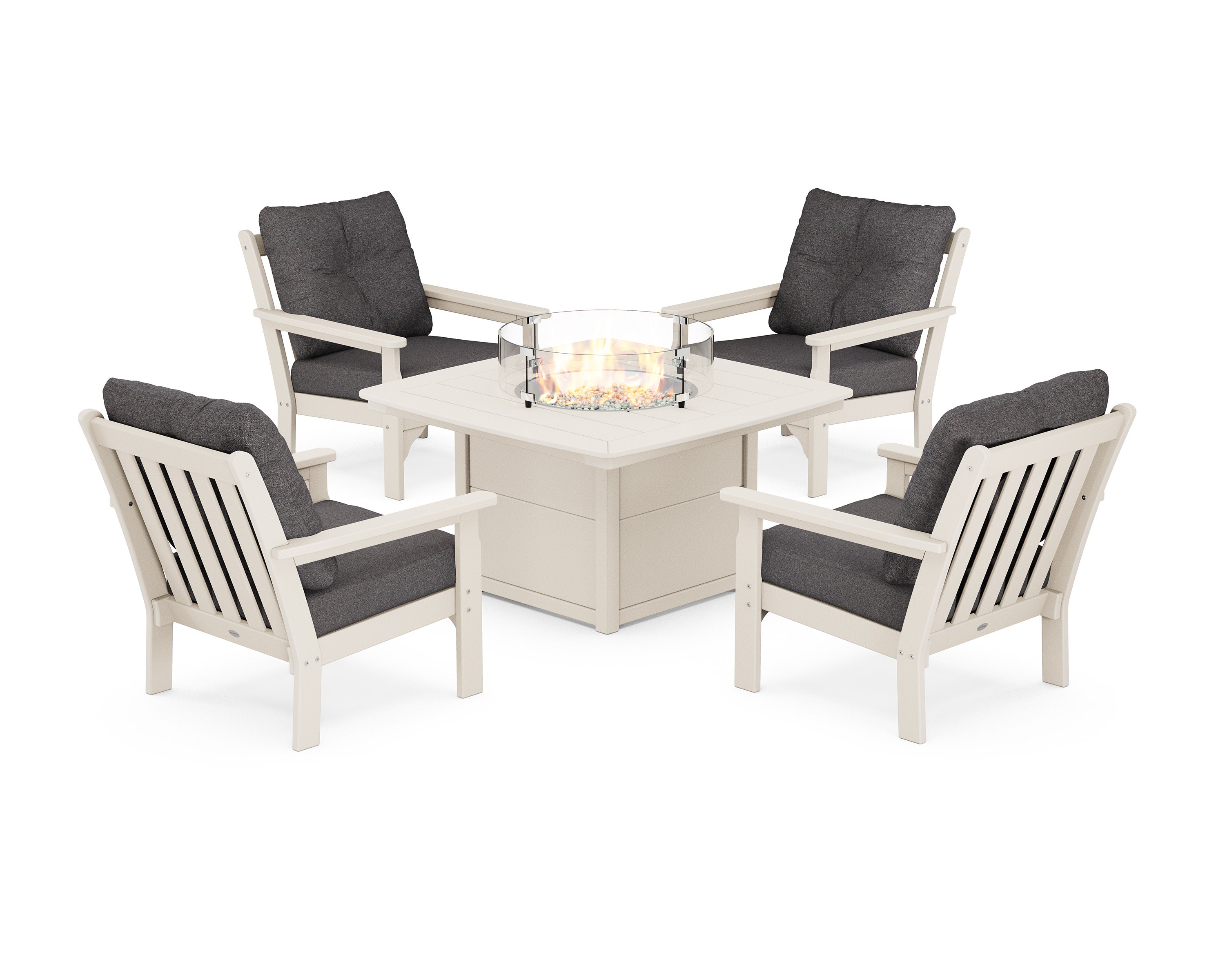 Vineyard 5-Piece Conversation Set with Fire Pit Table in Sand / Ash Charcoal