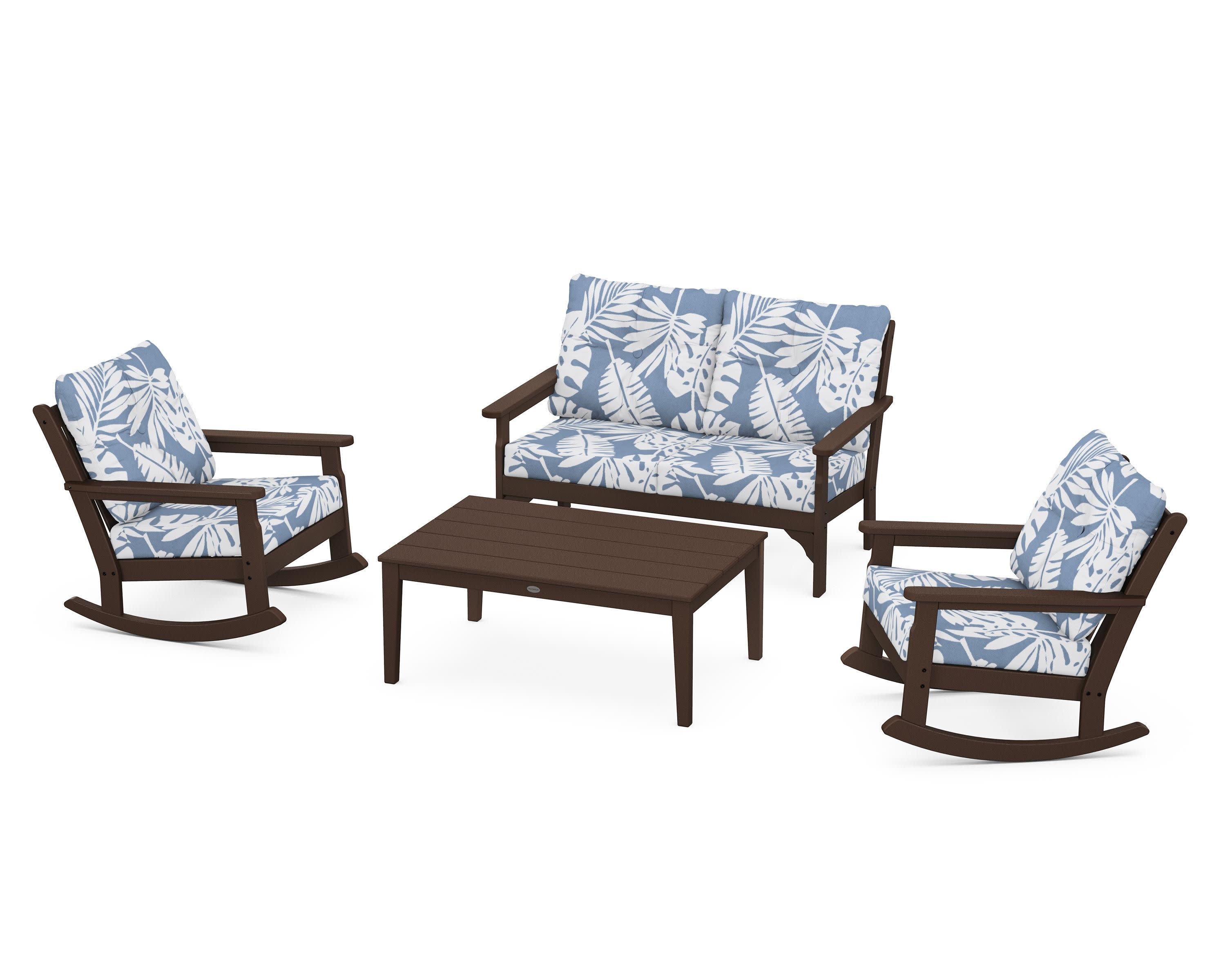 Vineyard 4-Piece Deep Seating Rocking Chair Set in Mahogany / Leaf Sky Blue