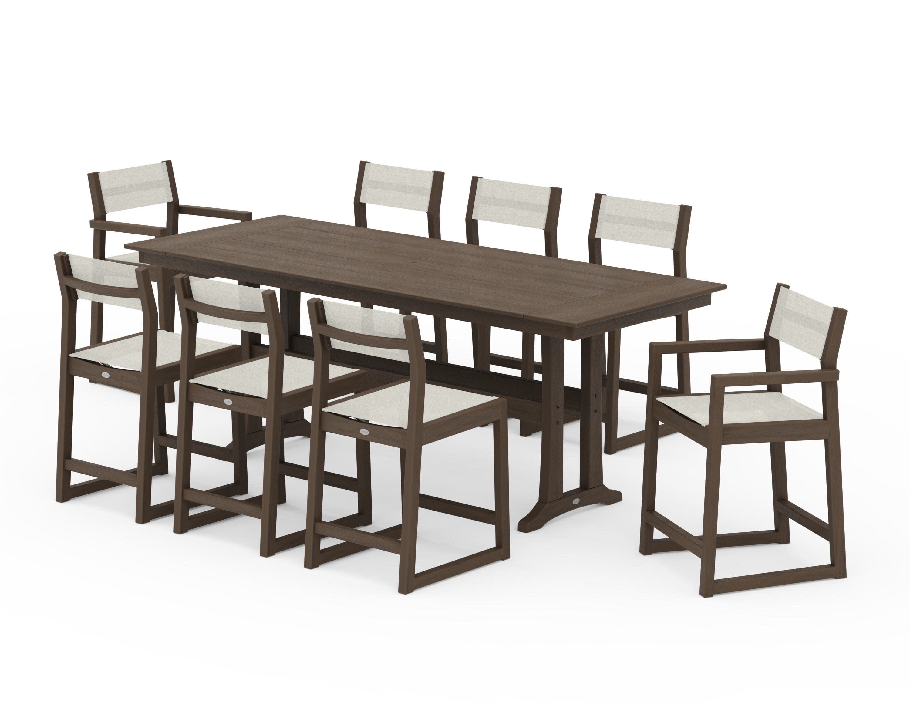 EDGE Sling 9-Piece Farmhouse Counter Set with Trestle Legs in Kona / Parchment Sling