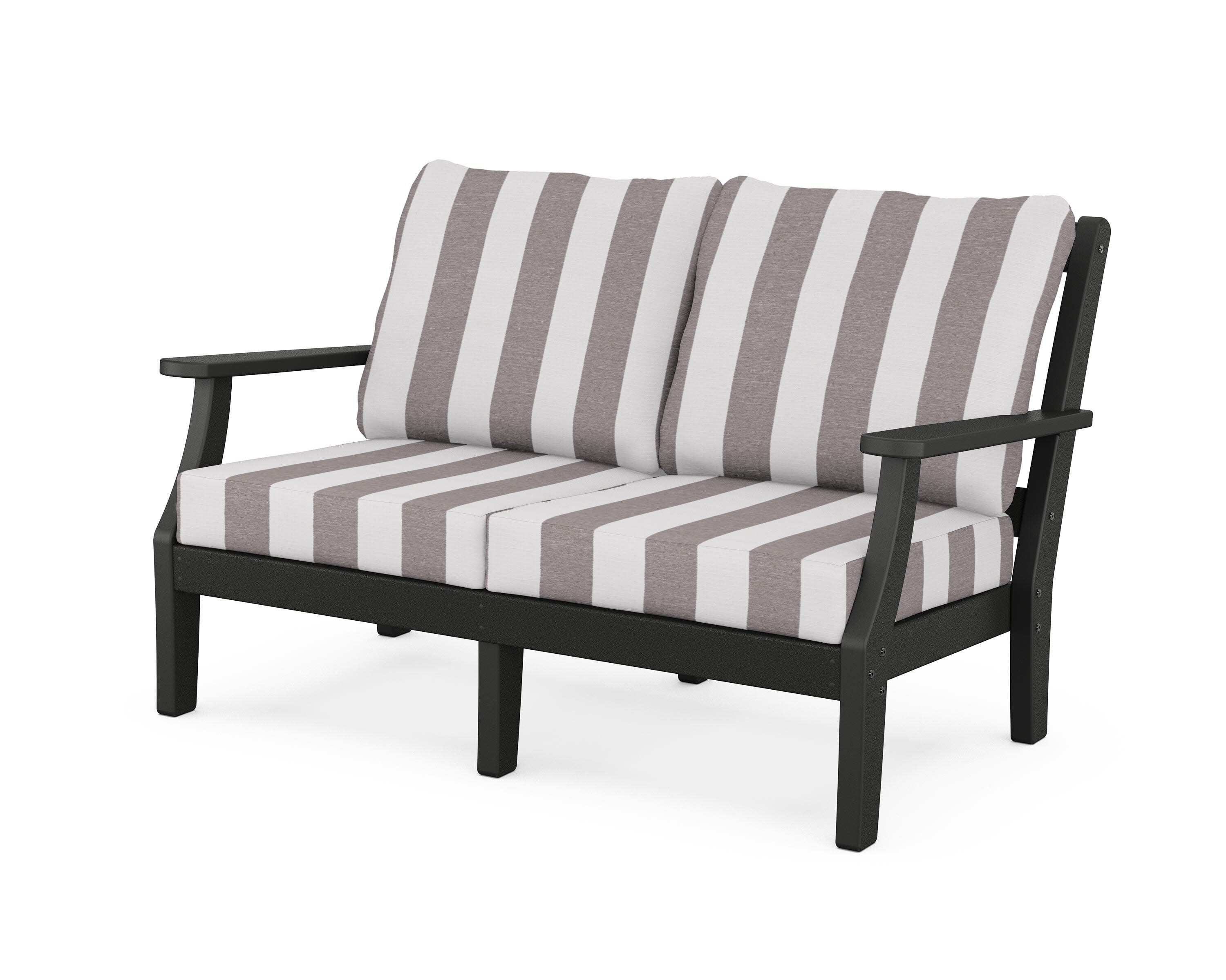 Chinoiserie Deep Seating Loveseat in Black / Cabana Stripe Grey Mist