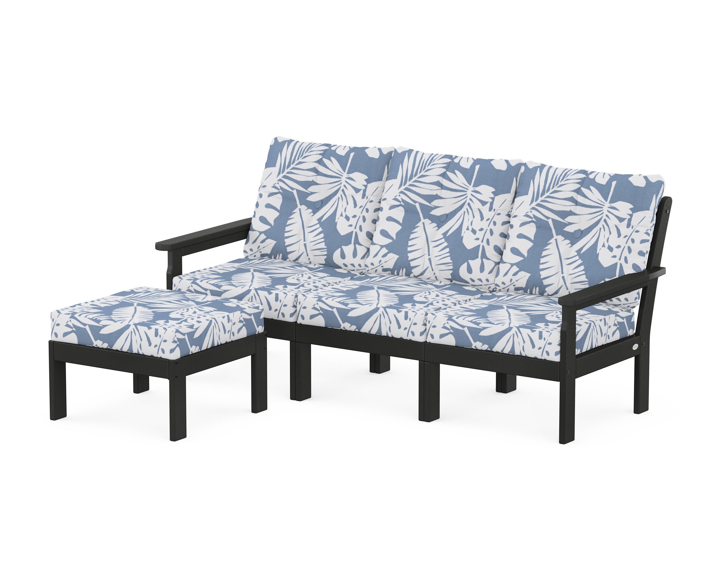 Vineyard 4-Piece Sectional with Ottoman in Black / Leaf Sky Blue