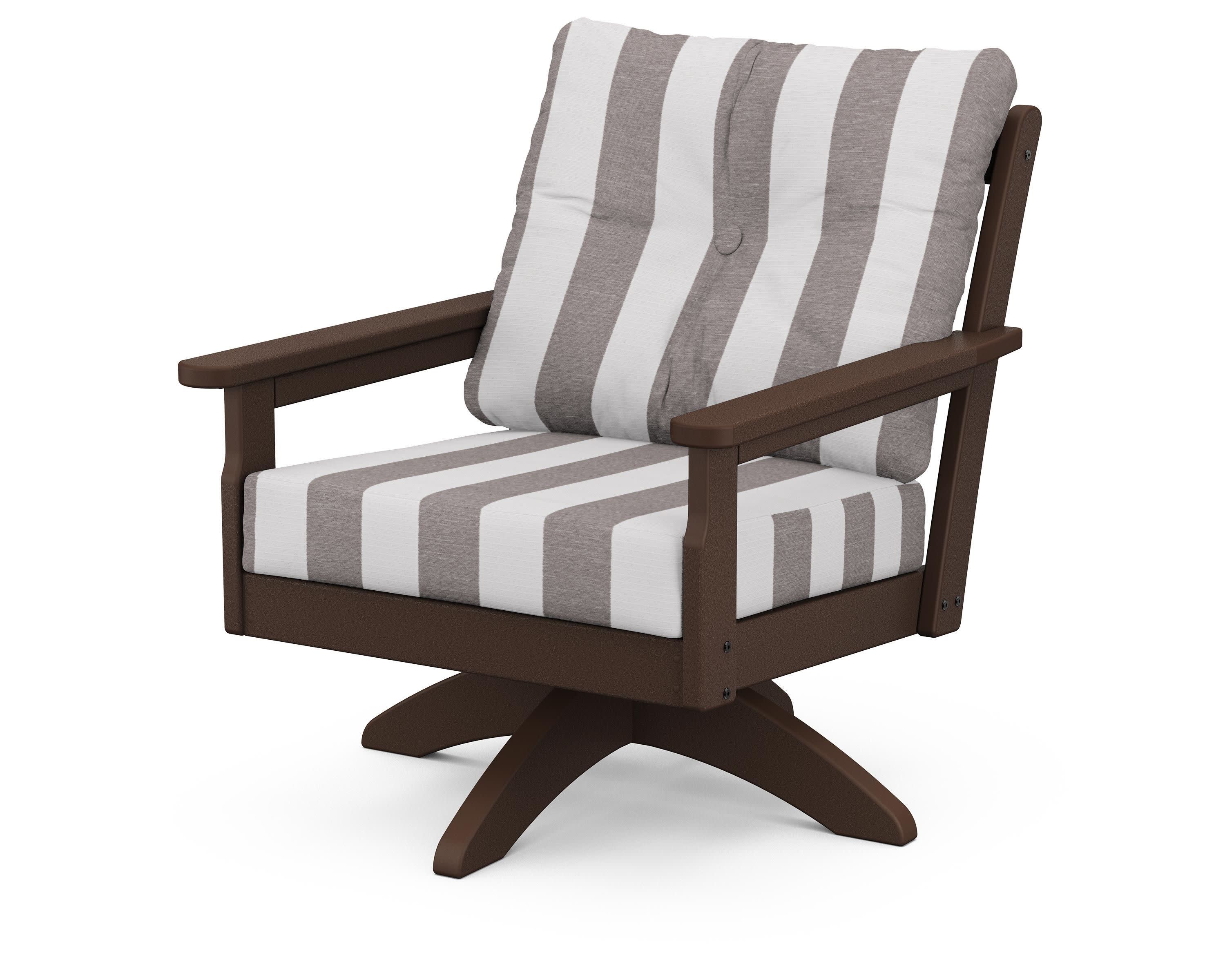 Vineyard Deep Seating Swivel Chair in Mahogany / Cabana Stripe Grey Mist