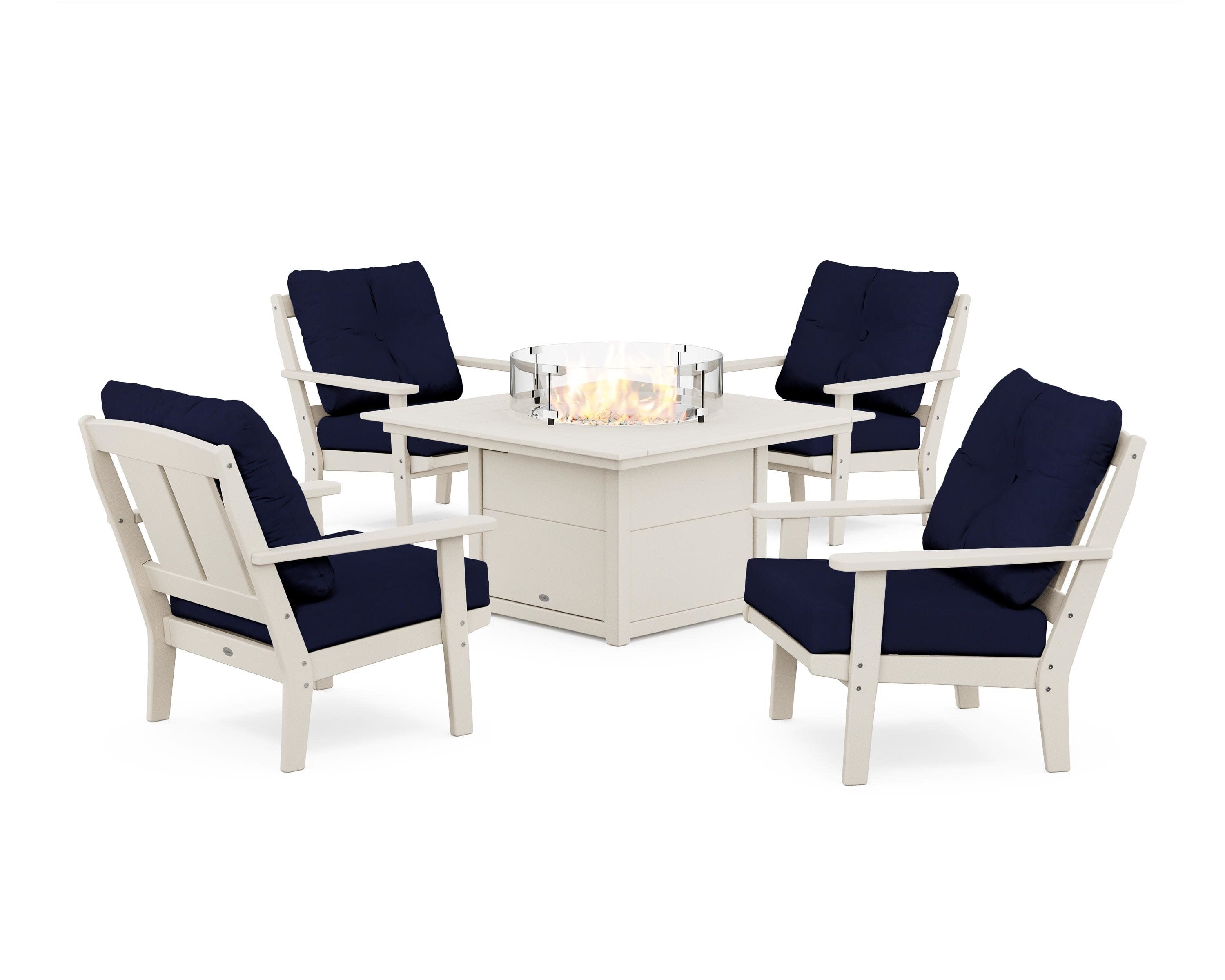 Mission 5-Piece Deep Seating Set with Fire Pit Table in Sand / Navy