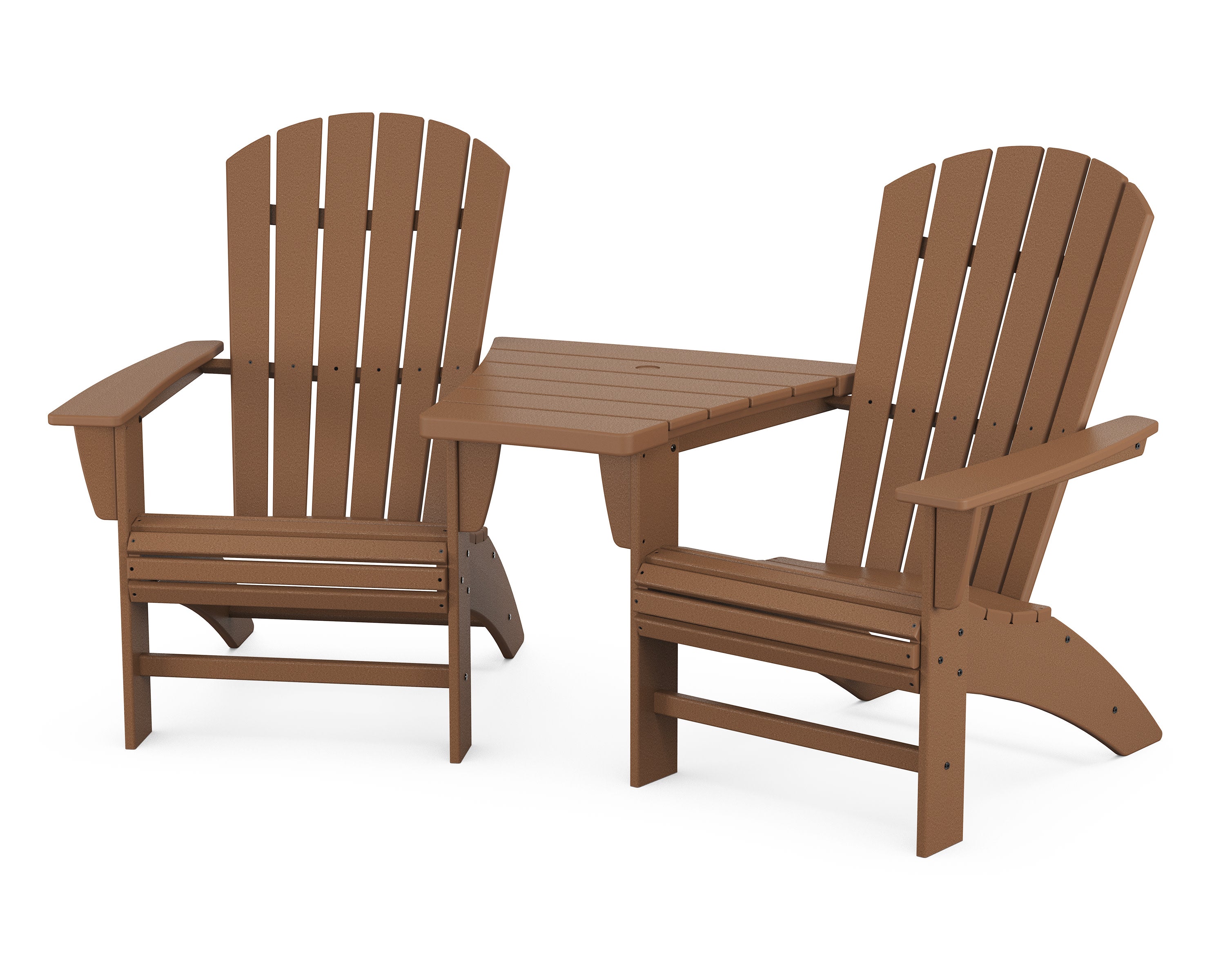 Nautical 3-Piece Curveback Adirondack Set with Angled Connecting Table in Teak