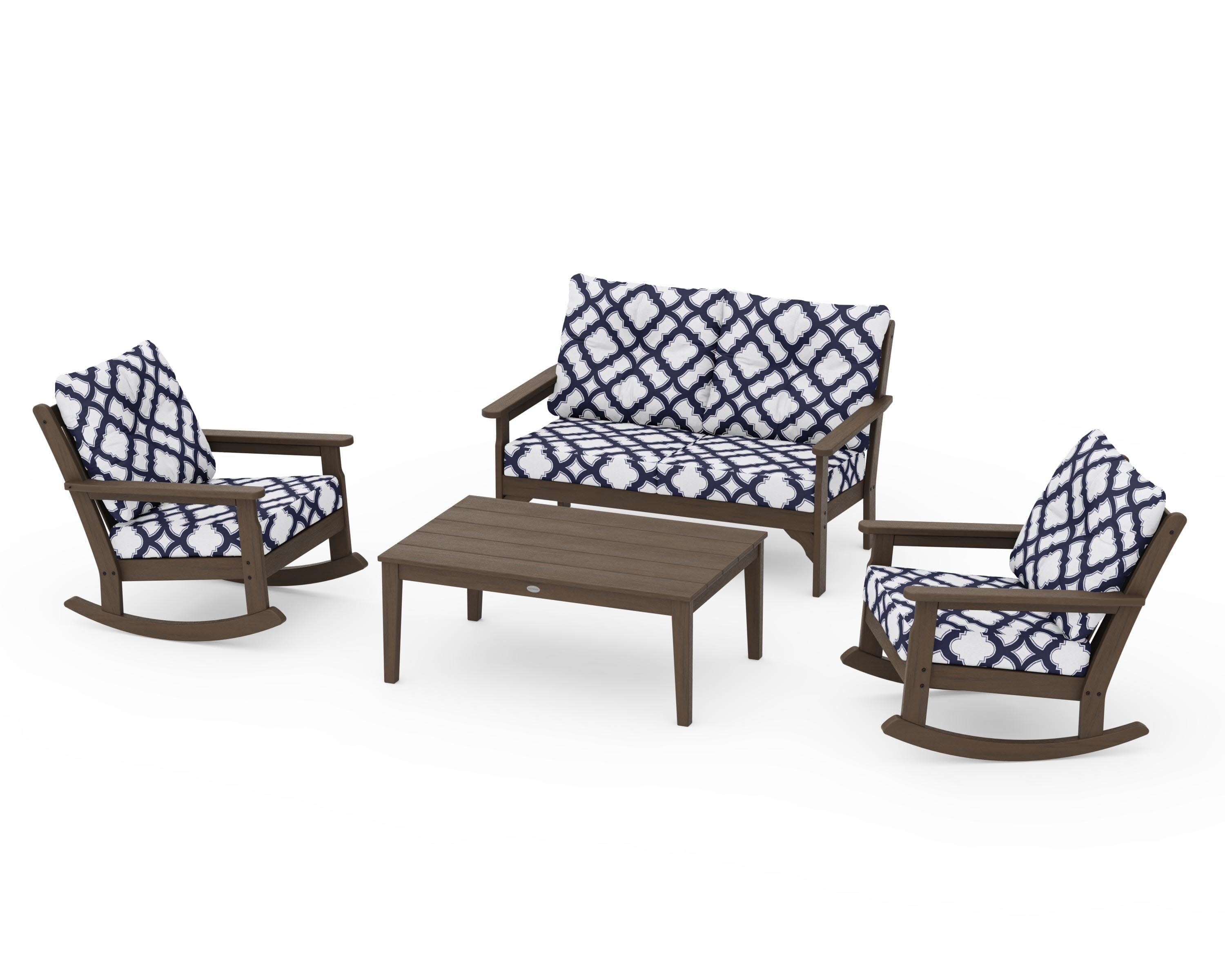 Vineyard 4-Piece Deep Seating Rocking Chair Set in Kona / Trellis Navy