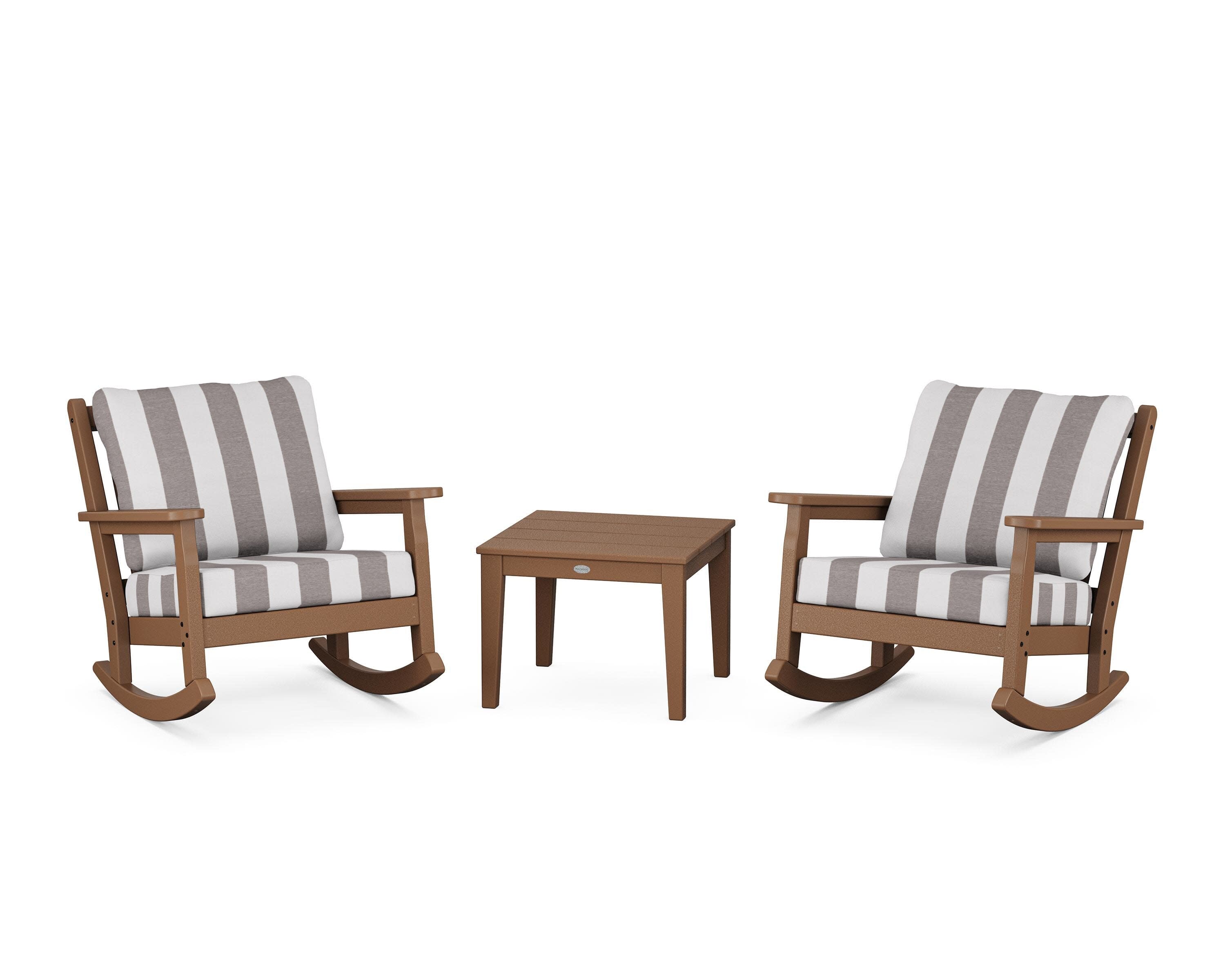 Chippendale 3-Piece Deep Seating Rocker Set in Teak / Cabana Stripe Grey Mist