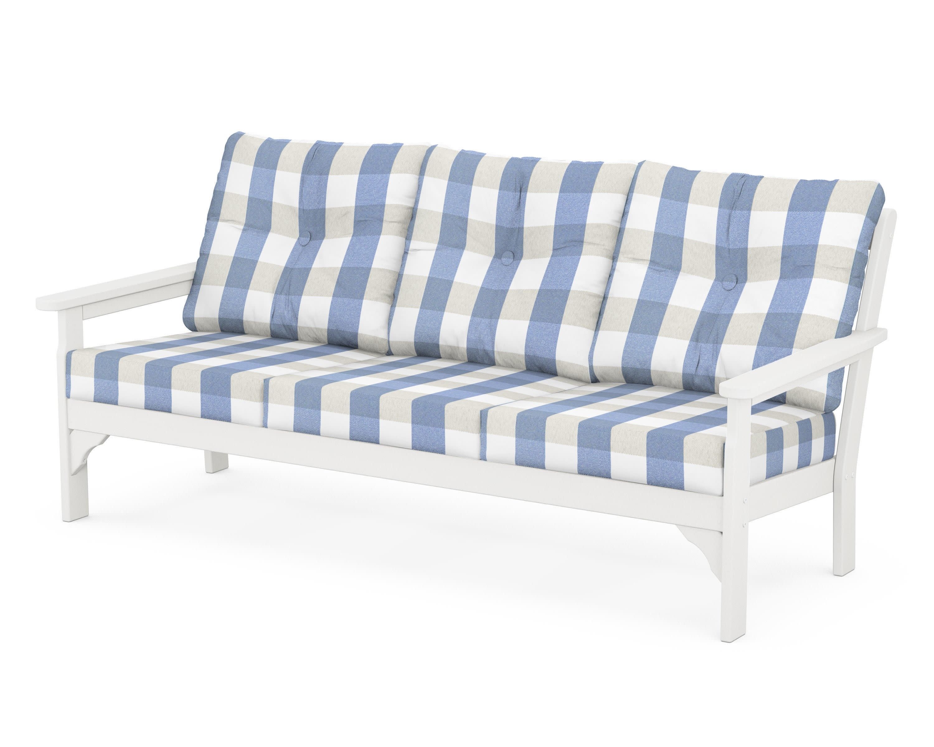 Vineyard Deep Seating Sofa in White / Buffalo Plaid Sky Blue