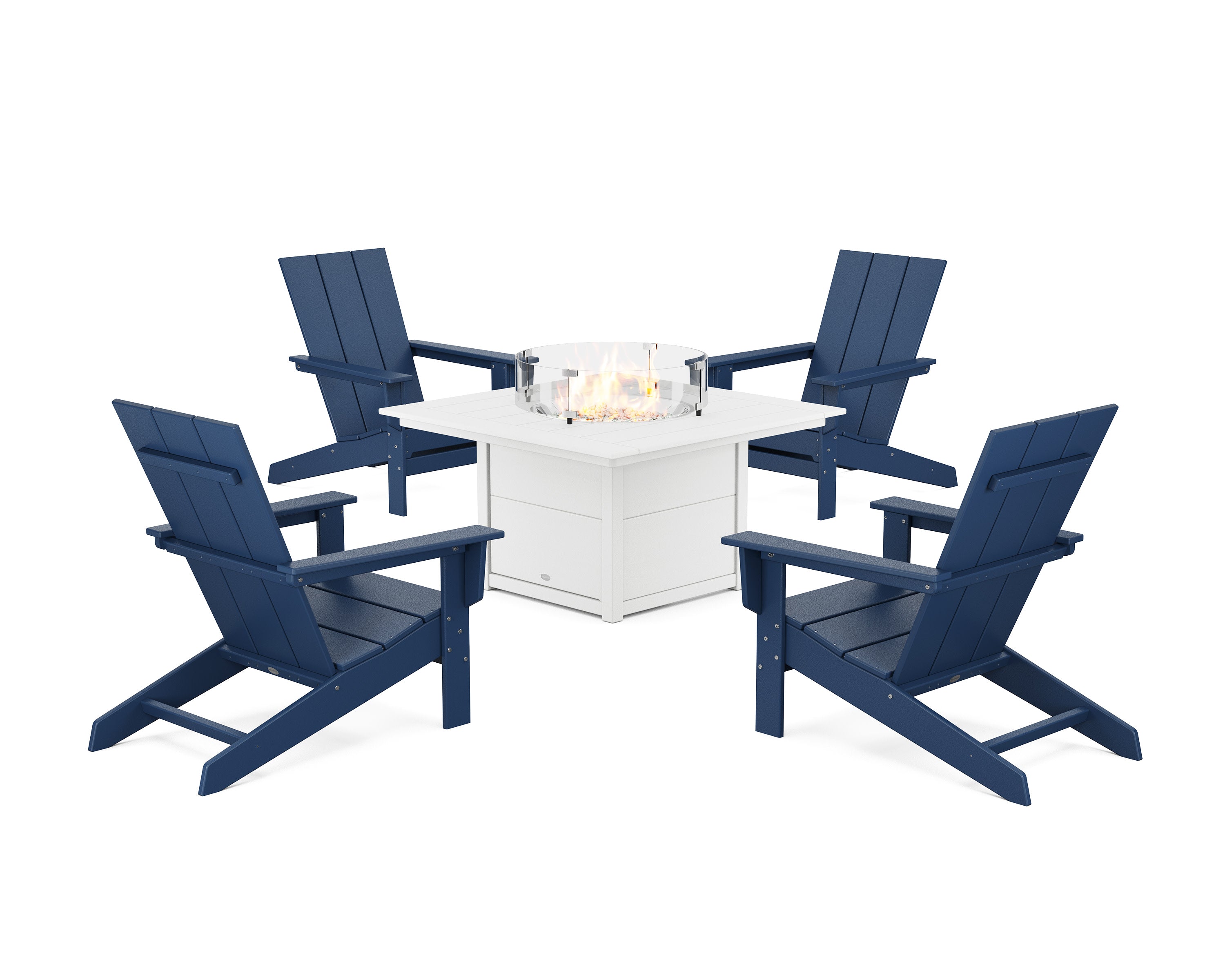 5-Piece Modern Studio Adirondack Conversation Set with Fire Pit Table in Navy / White