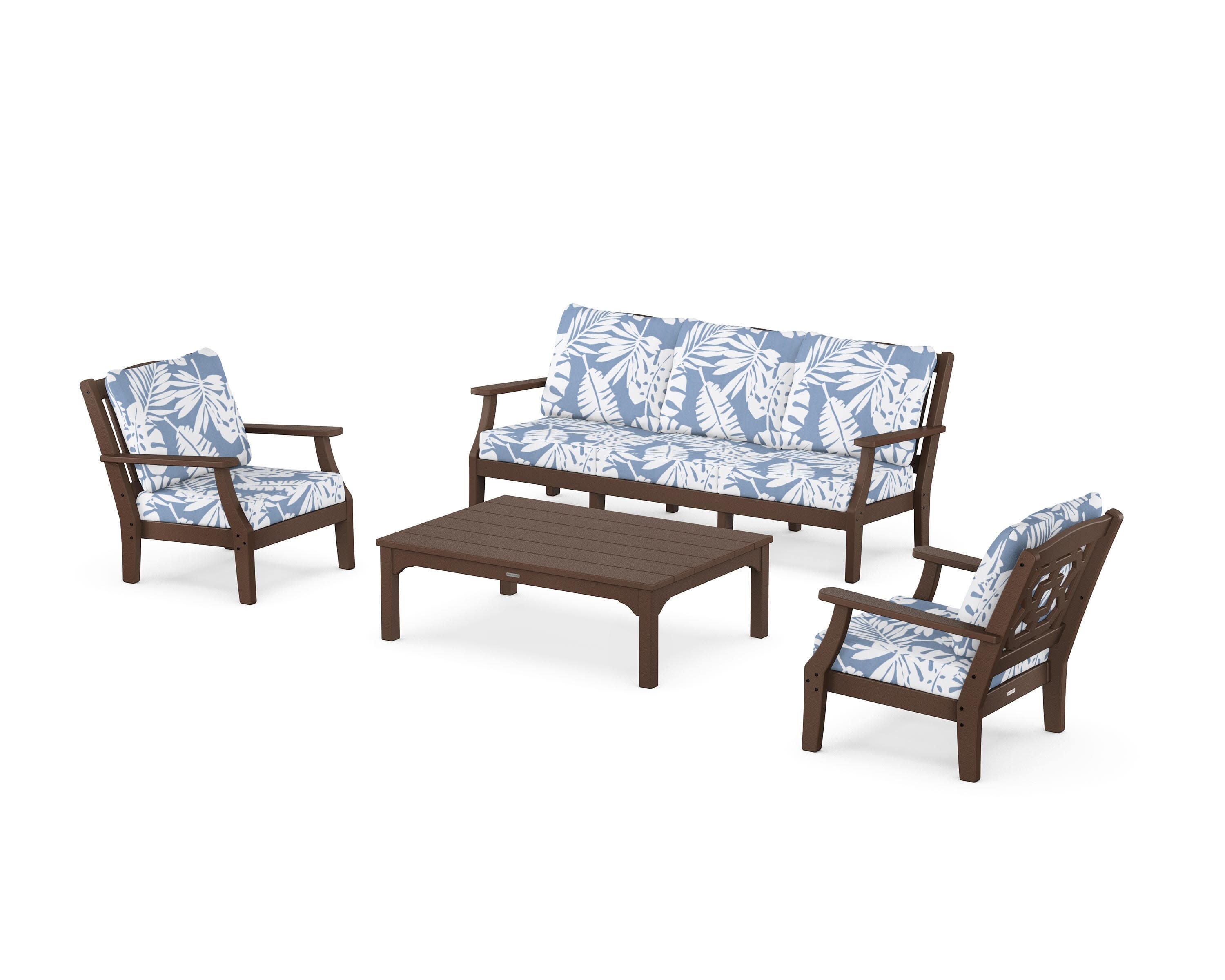 Chinoiserie 4-Piece Deep Seating Set with Sofa in Mahogany / Leaf Sky Blue