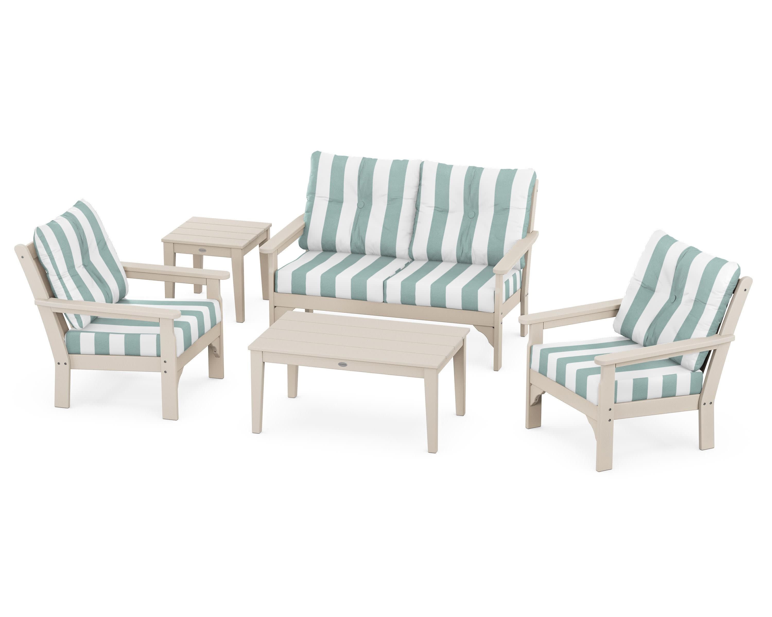 Vineyard 5-Piece Deep Seating Set in Sand / Cabana Stripe Glacier Spa