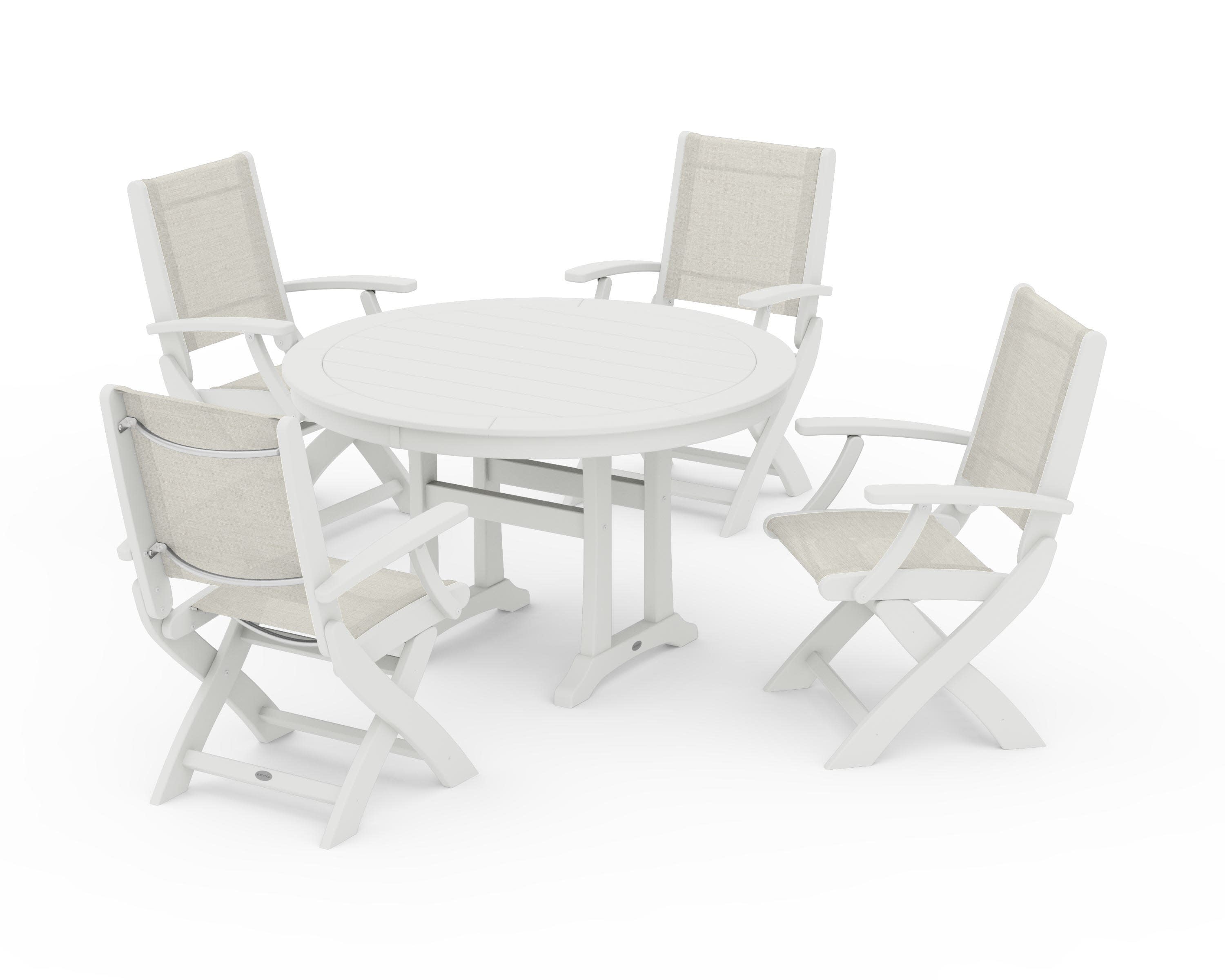 Coastal Folding Chair 5-Piece Round Dining Set with Trestle Legs in Vintage White / Parchment Sling