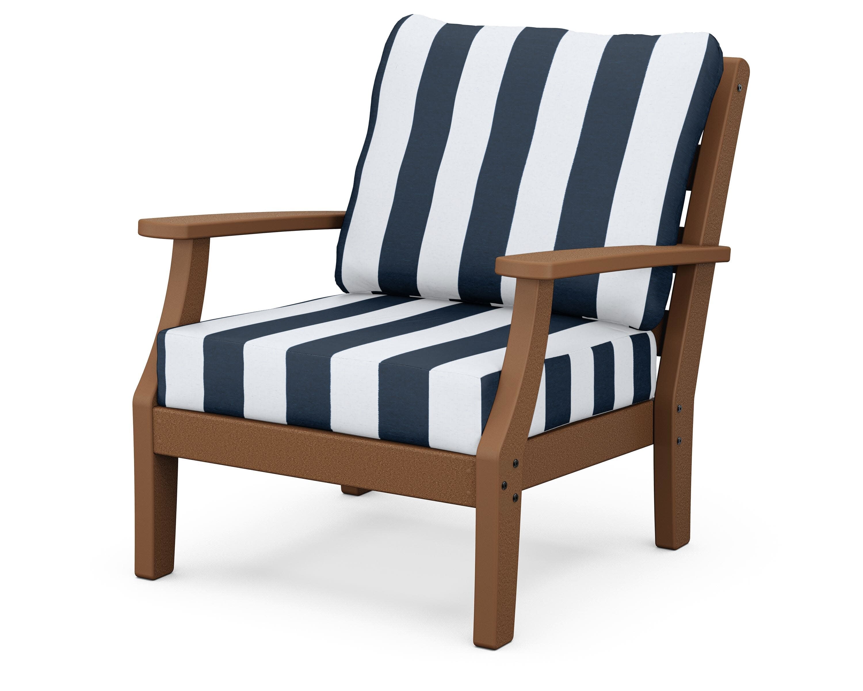 Chesapeake Deep Seating Chair in Teak / Cabana Stripe Marine Indigo