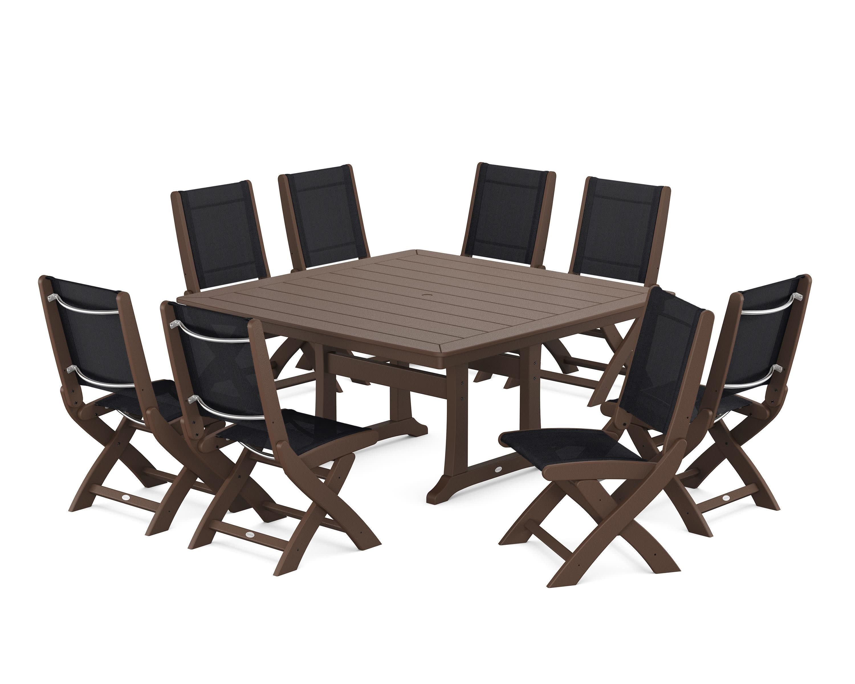 Coastal Folding Side Chair 9-Piece Dining Set with Trestle Legs in Mahogany / Black Sling