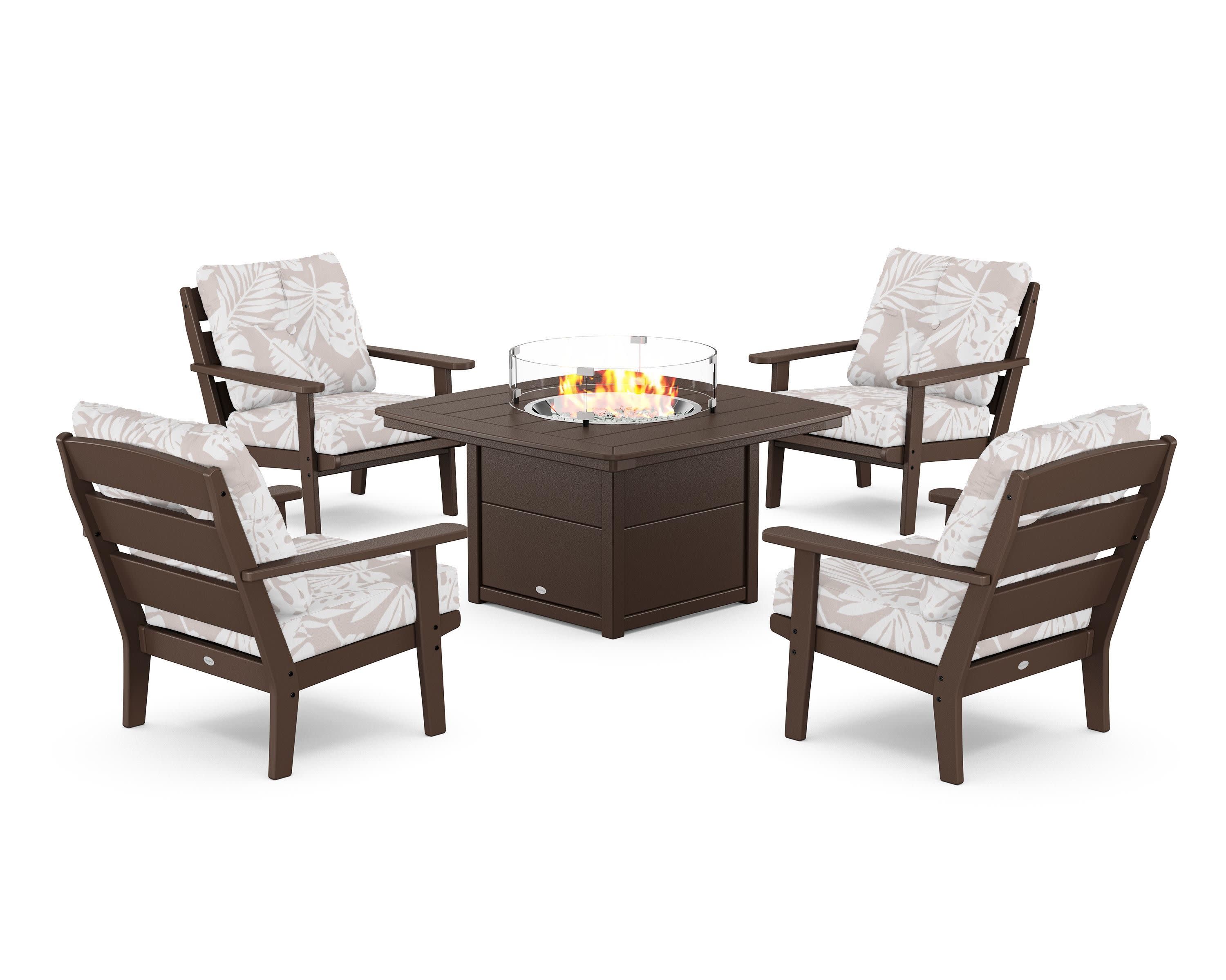 Lakeside 5-Piece Deep Seating Set with Nautical Fire Pit Table in Mahogany / Leaf Dune Burlap