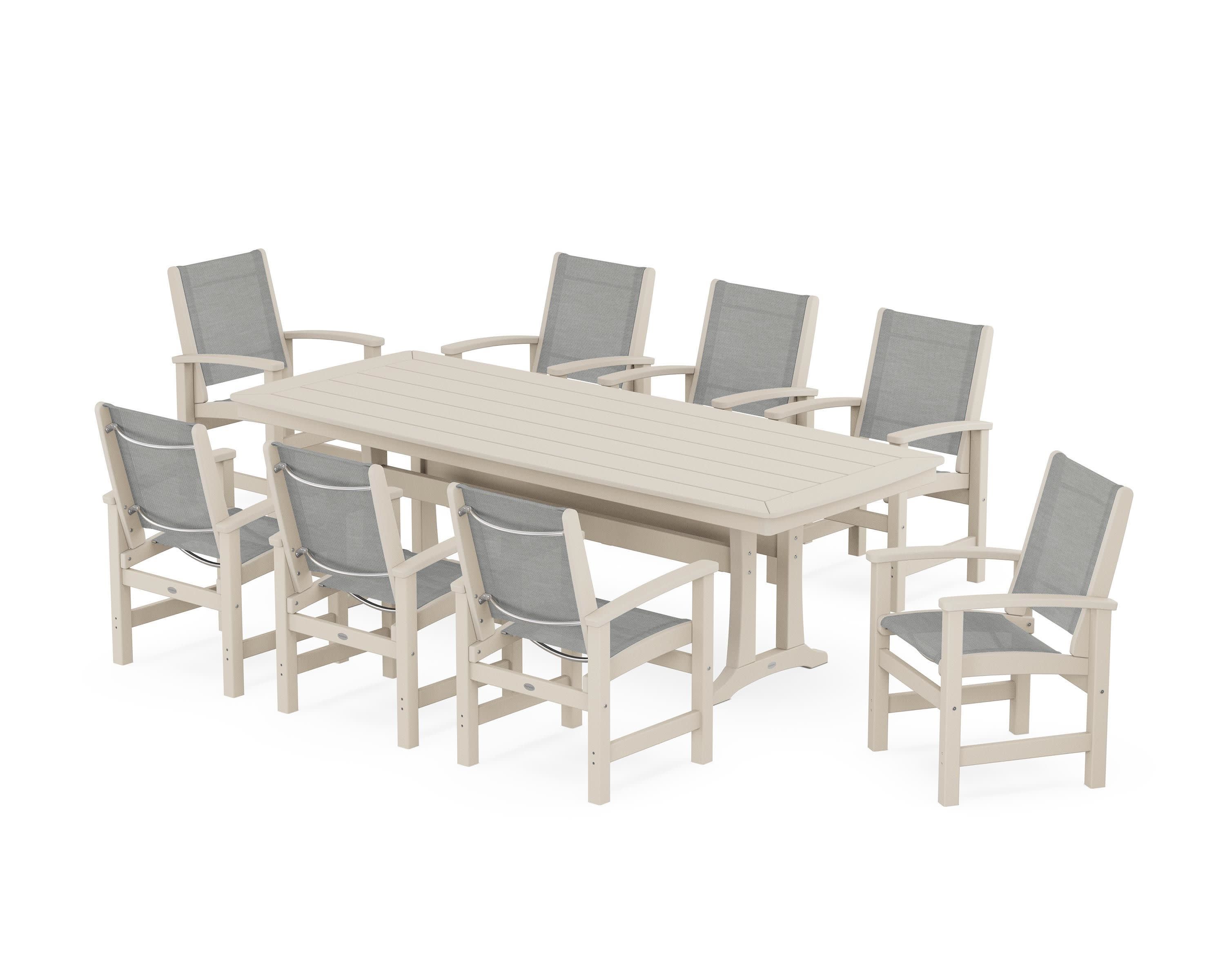 Coastal 9-Piece Dining Set with Trestle Legs in Sand / Metallic Sling