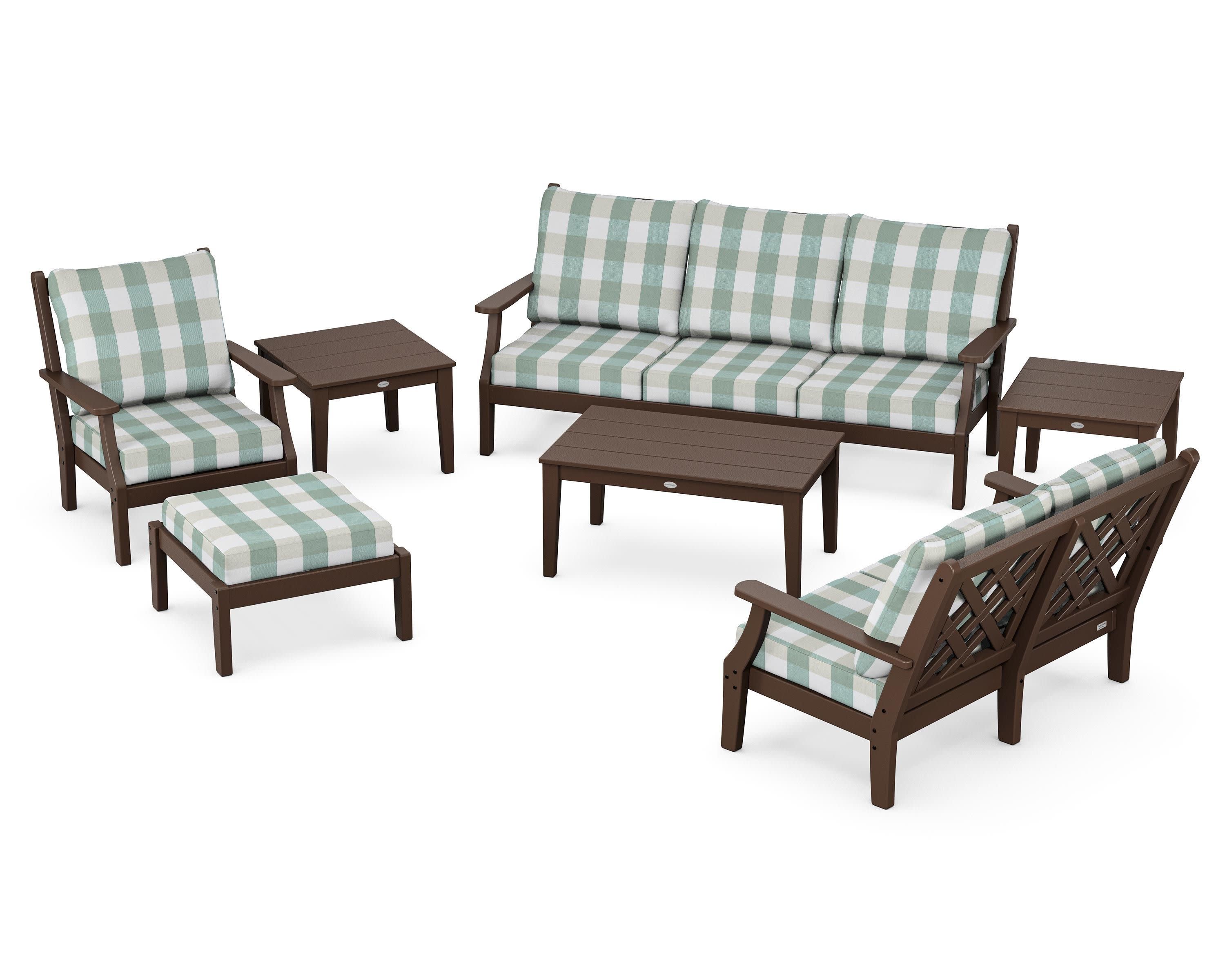 Wovendale 7-Piece Deep Seating Set in Mahogany / Buffalo Plaid Glacier Spa