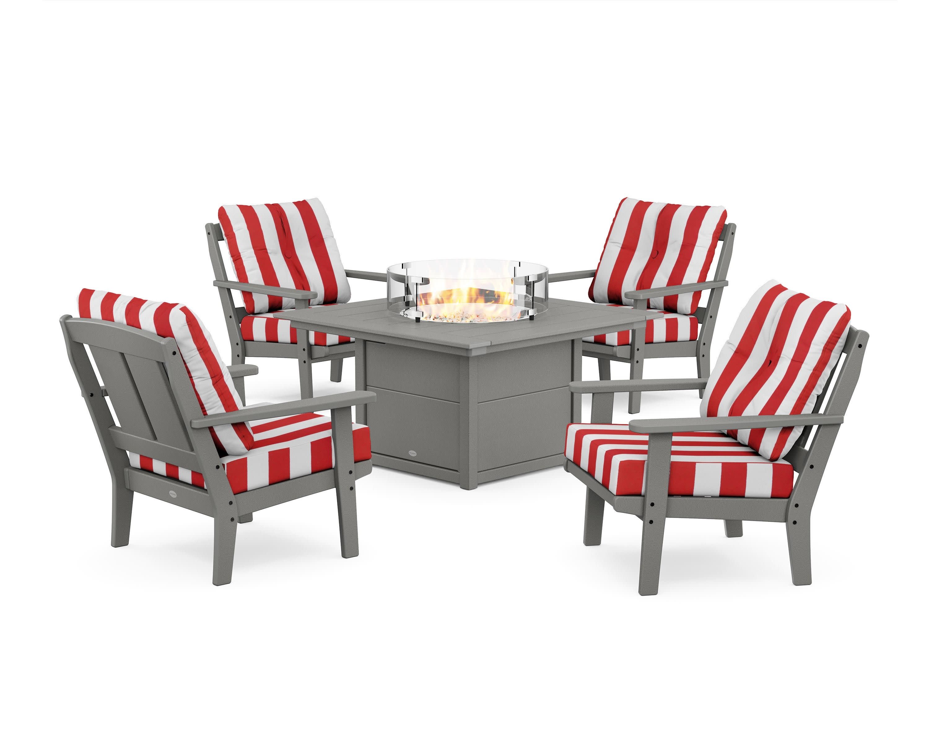 Mission 5-Piece Deep Seating Set with Fire Pit Table in Slate Grey / Cabana Stripe Crimson