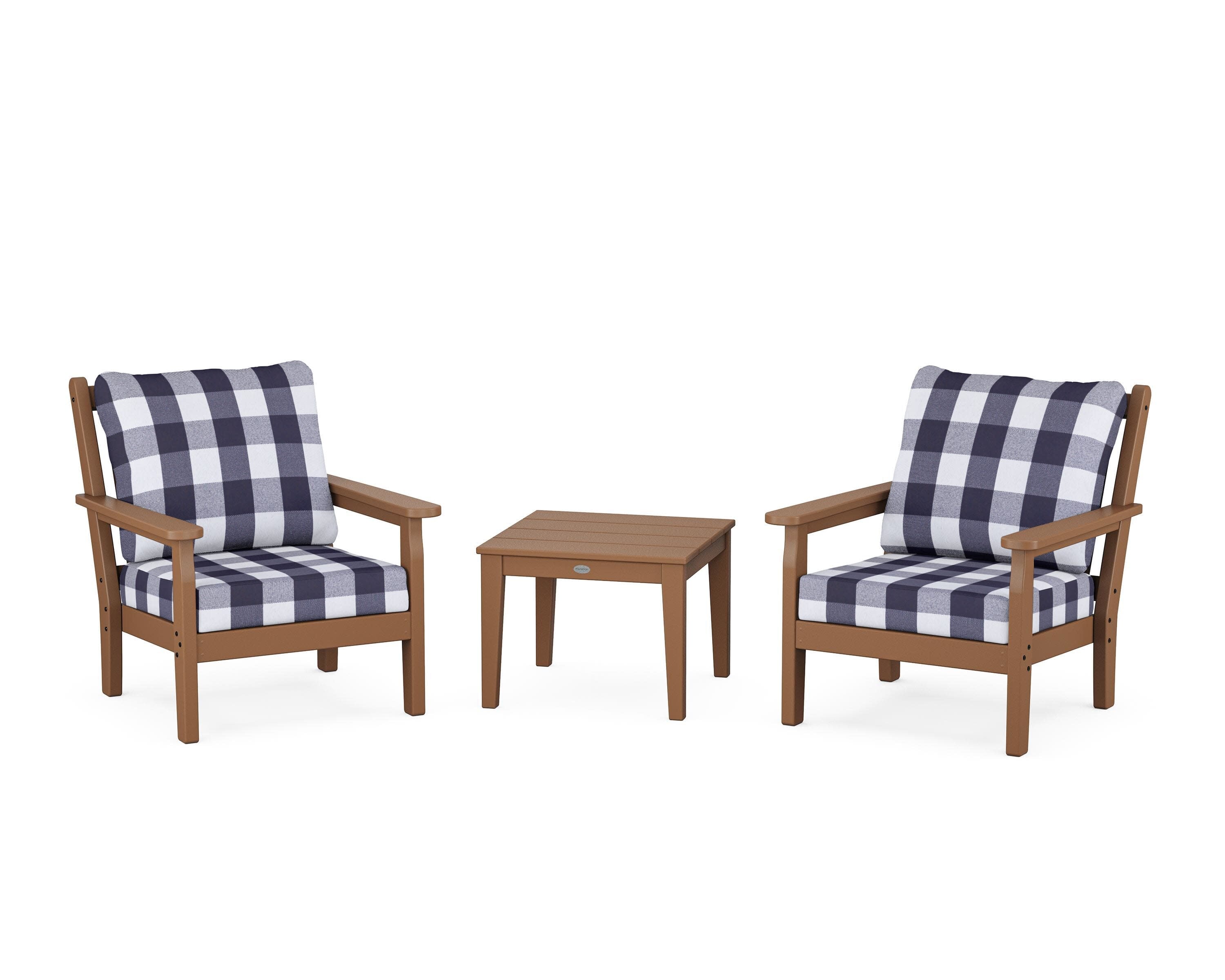 Chippendale 3-Piece Deep Seating Set in Teak / Buffalo Plaid Navy
