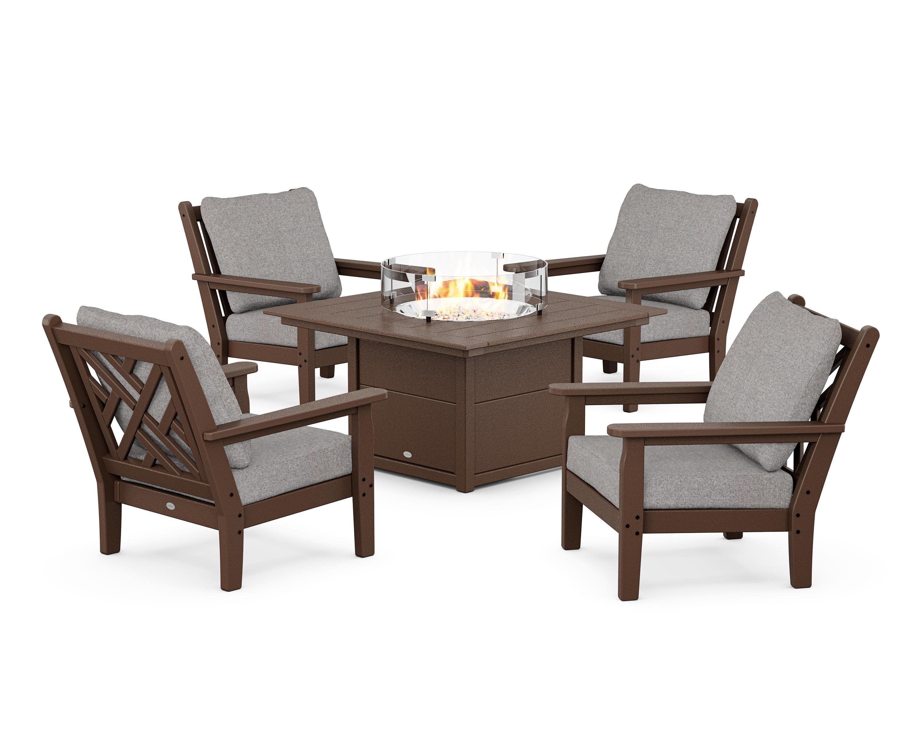 Chippendale 5-Piece Deep Seating Set with Fire Pit Table in Mahogany / Grey Mist