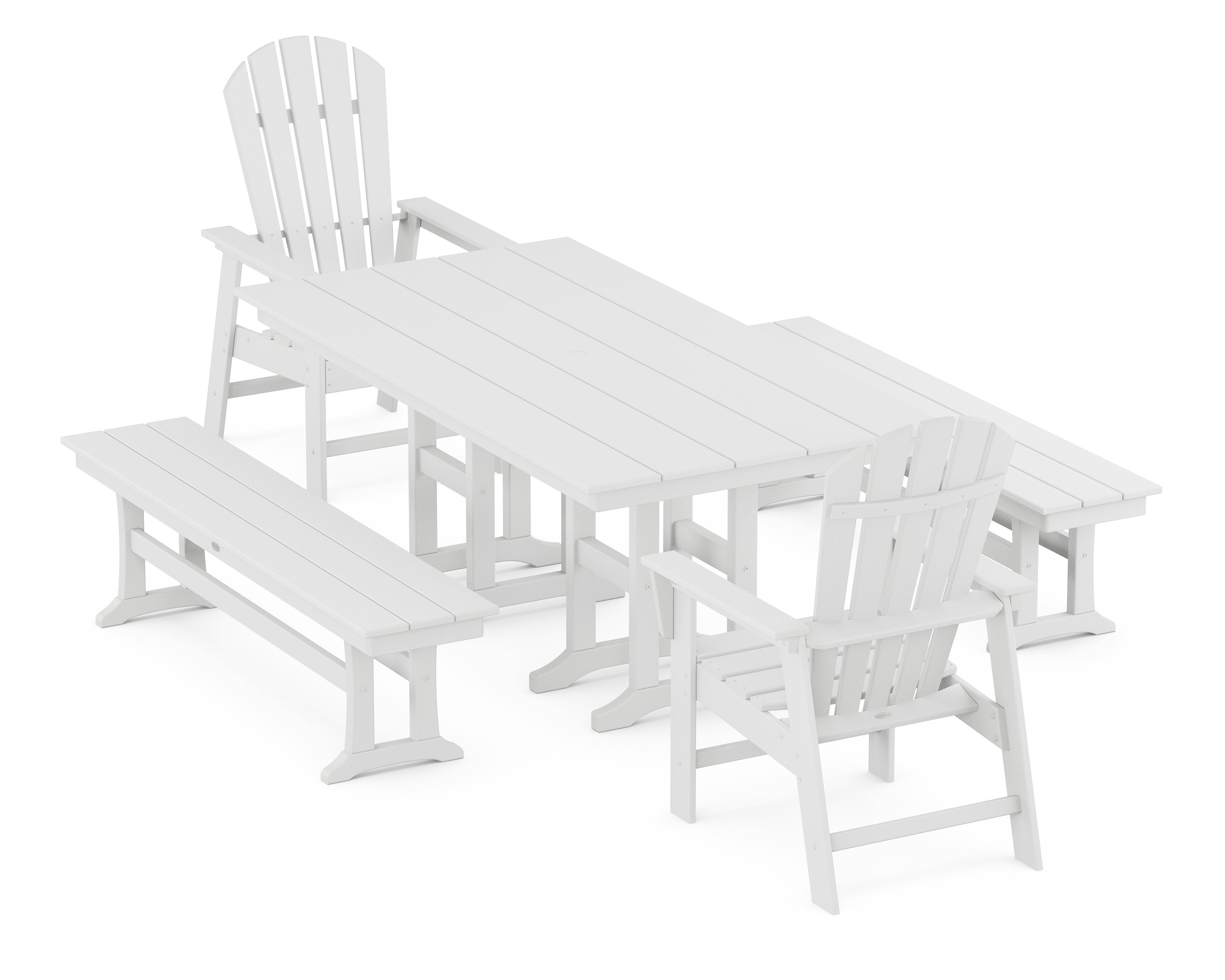 South Beach 5-Piece Farmhouse Dining Set with Benches in White