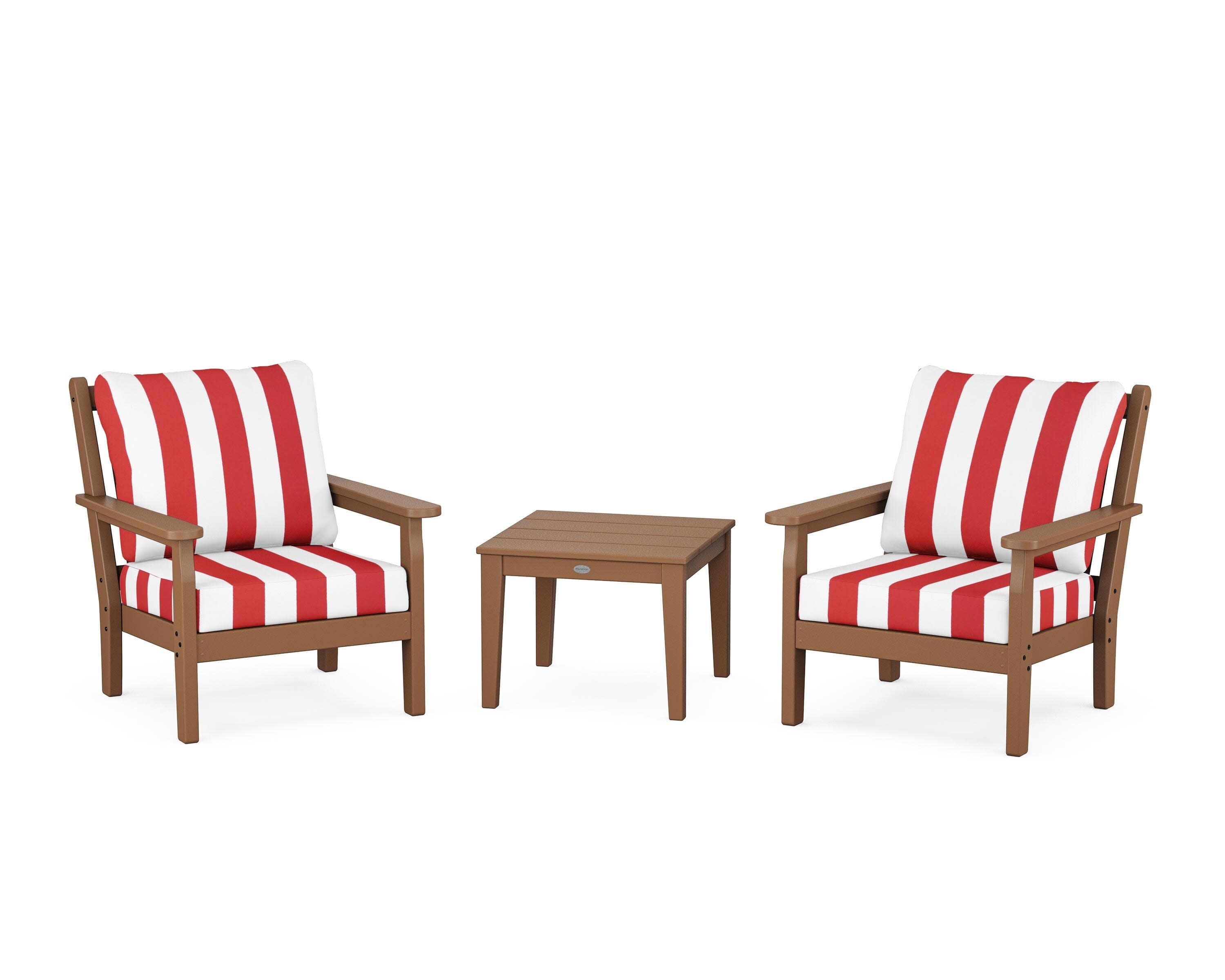 Chippendale 3-Piece Deep Seating Set in Teak / Cabana Stripe Crimson