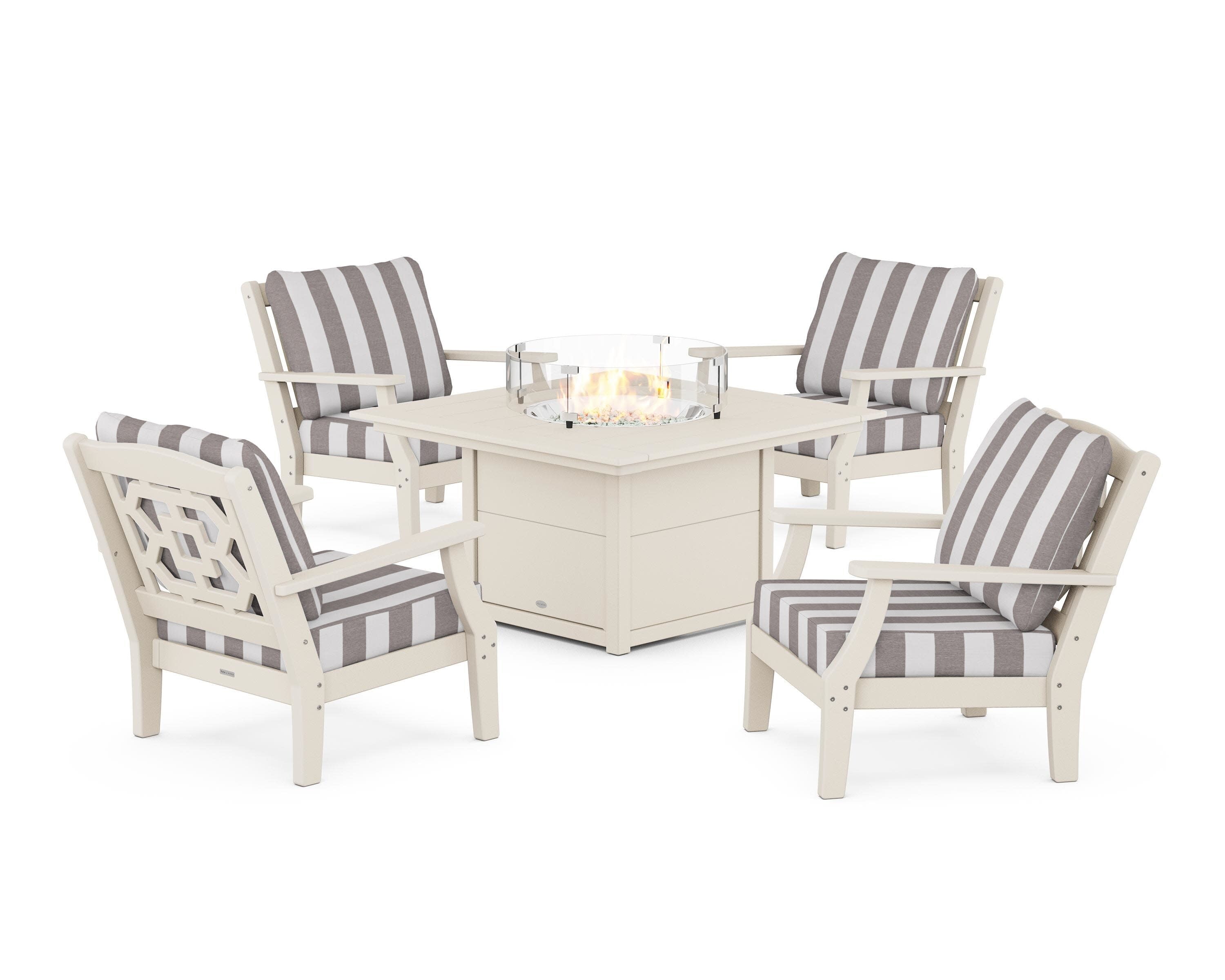 Chinoiserie 5-Piece Deep Seating Set with Fire Pit Table in Sand / Cabana Stripe Grey Mist