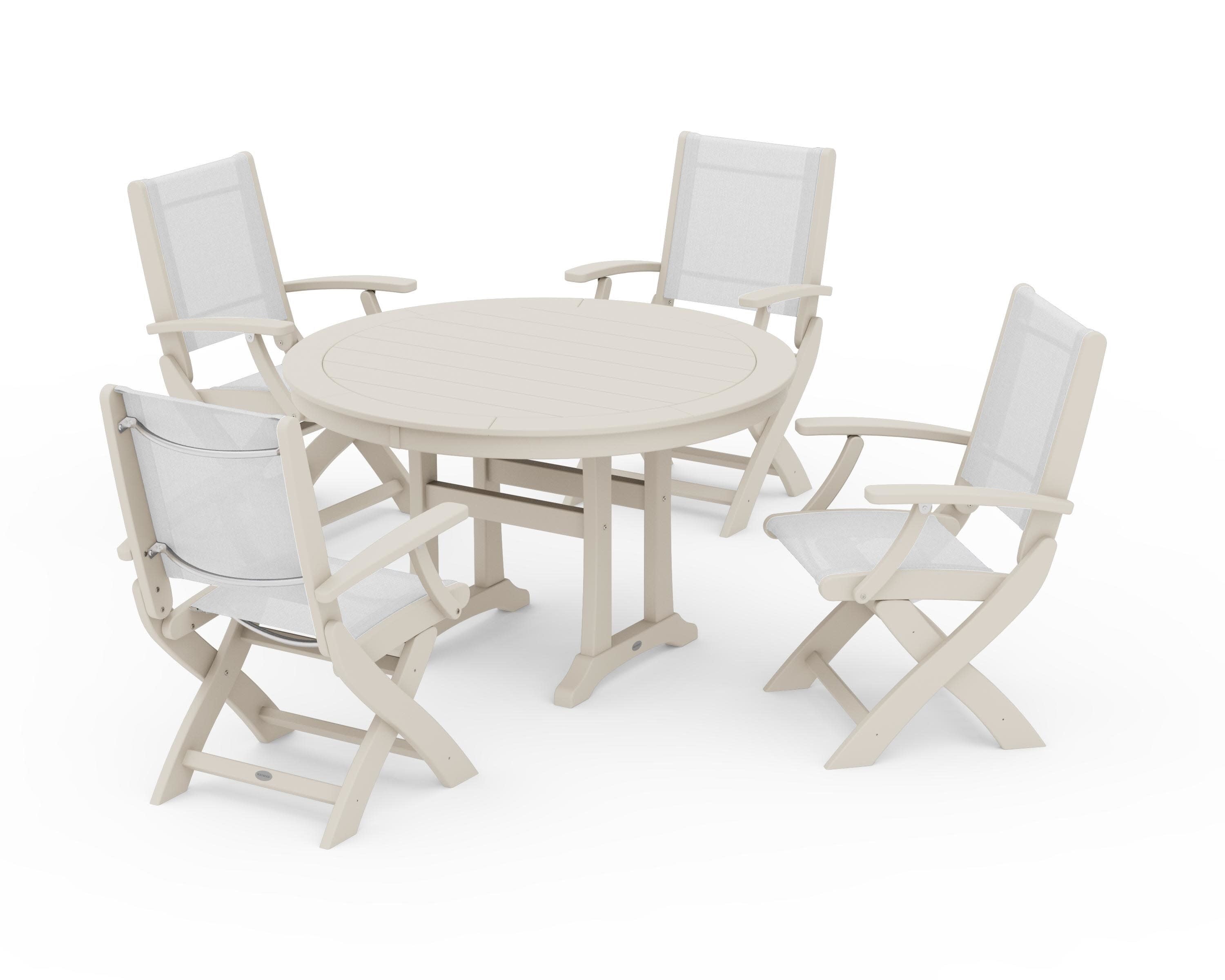 Coastal Folding Chair 5-Piece Round Dining Set with Trestle Legs in Sand / White Sling