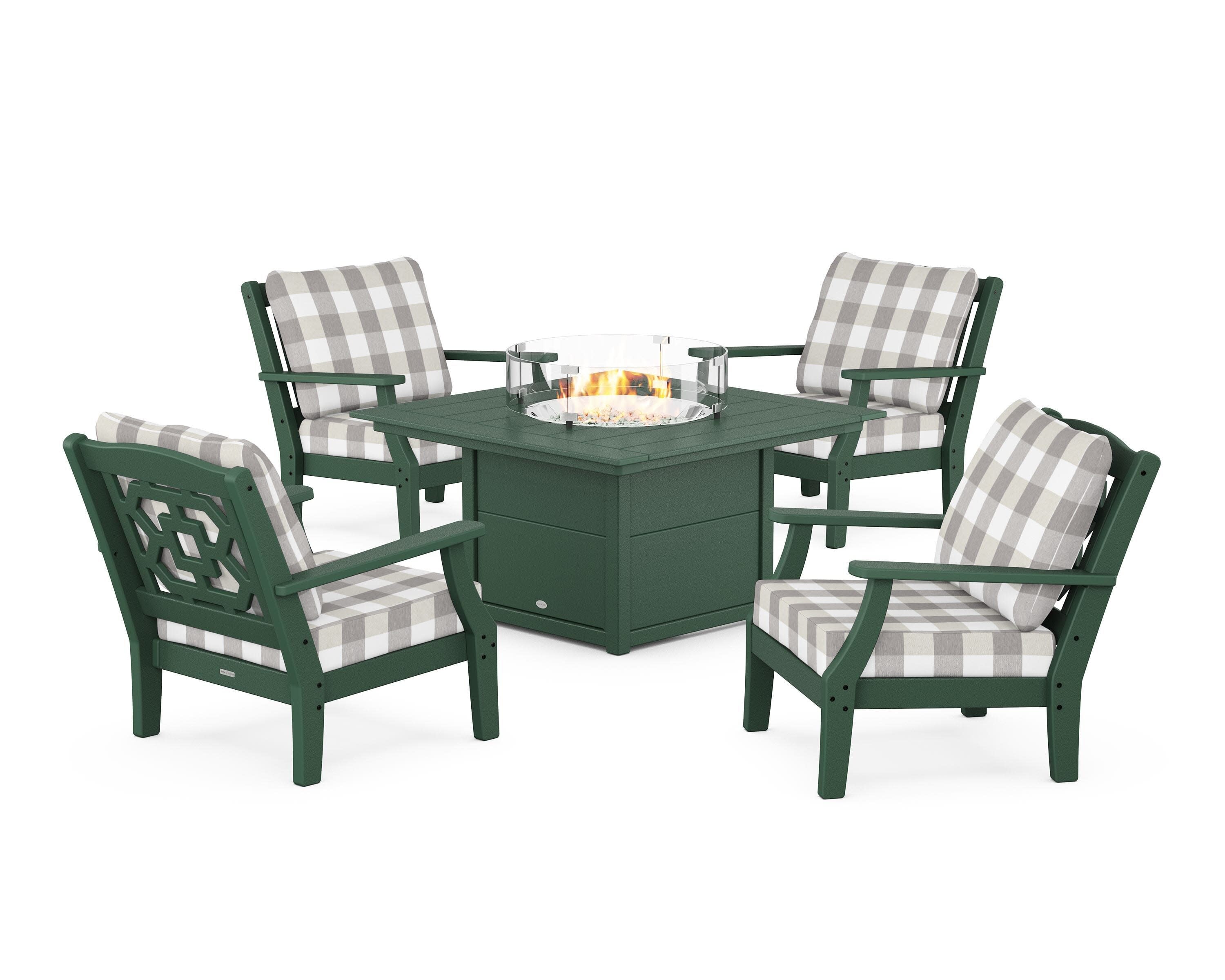 Chinoiserie 5-Piece Deep Seating Set with Fire Pit Table in Green / Buffalo Plaid Grey Mist