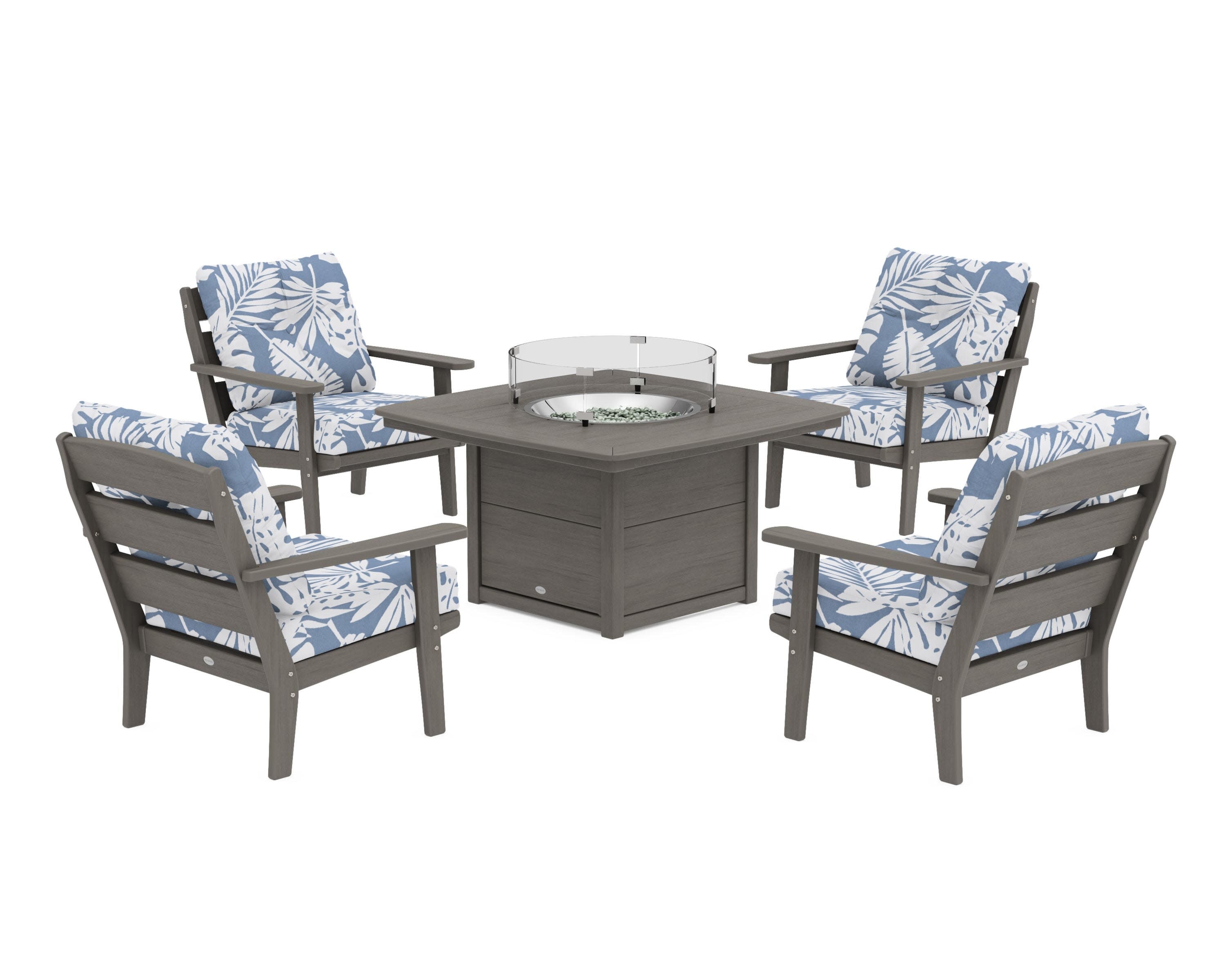 Lakeside 5-Piece Deep Seating Set with Nautical Fire Pit Table in Driftwood / Leaf Sky Blue