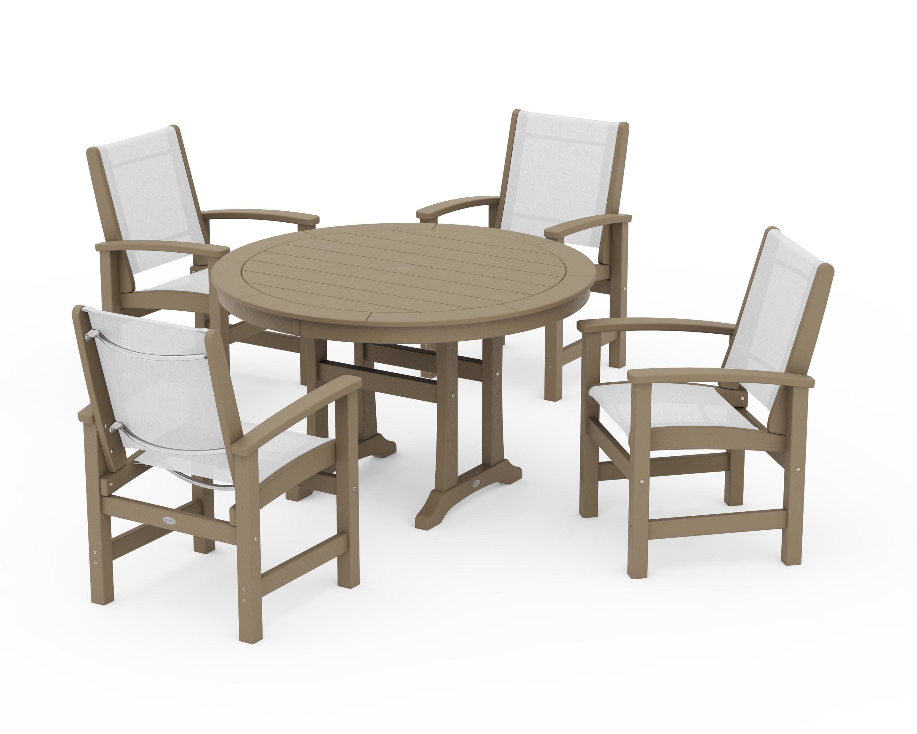 Coastal 5-Piece Round Dining Set with Trestle Legs in Vintage Sahara / White Sling