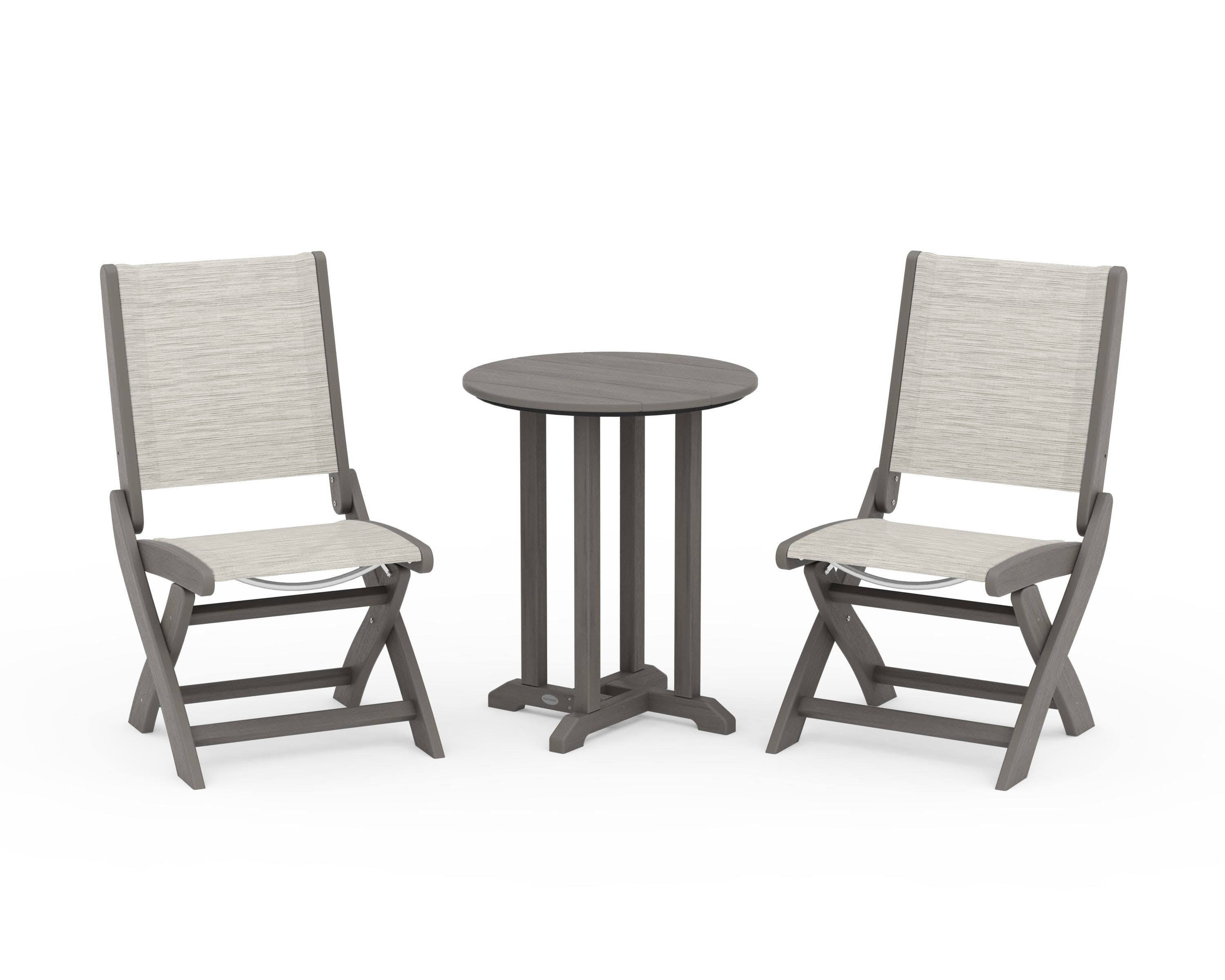 Coastal Folding Side Chair 3-Piece Round Bistro Dining Set in Driftwood / Birch Sling