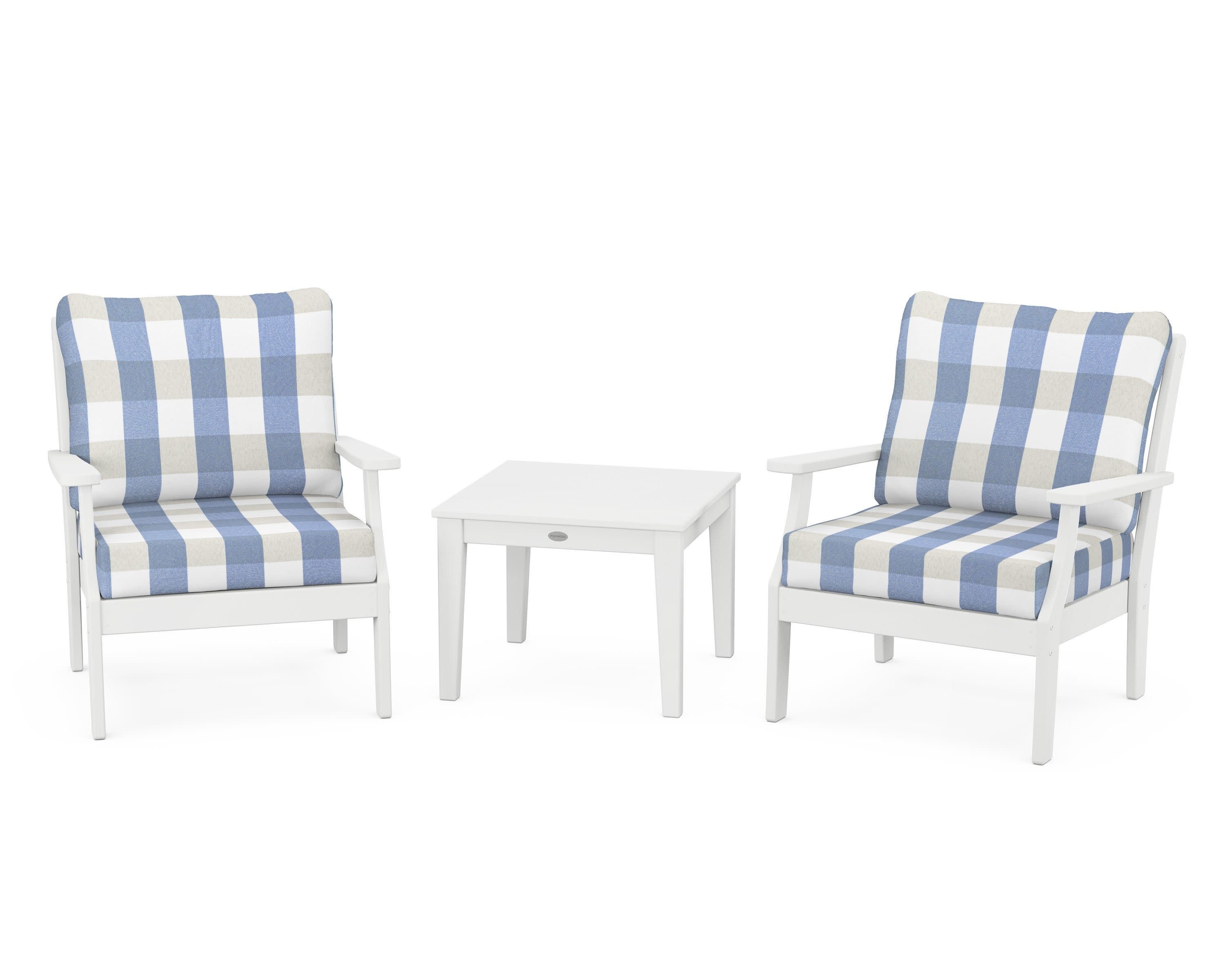 Braxton 3-Piece Deep Seating Set in White / Buffalo Plaid Sky Blue