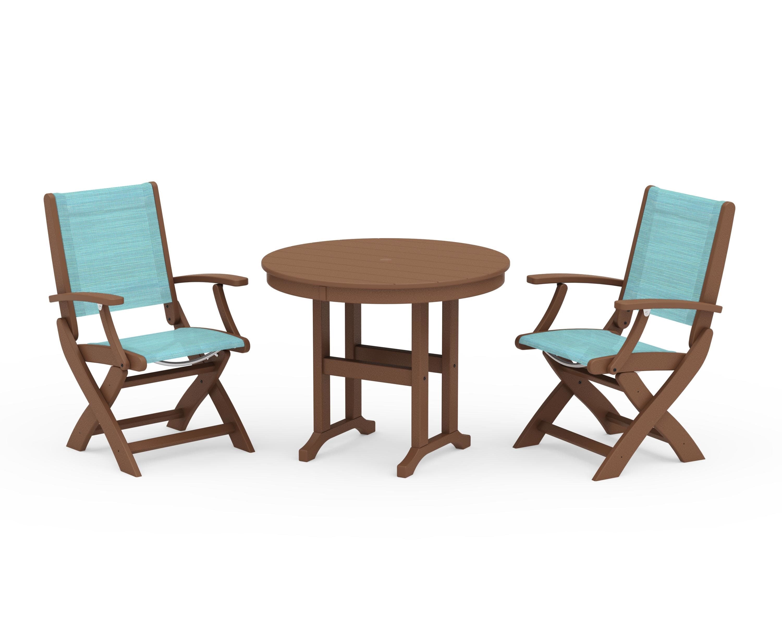 Coastal Folding Chair 3-Piece Round Dining Set in Teak / Dupioni Aquamarine Sling
