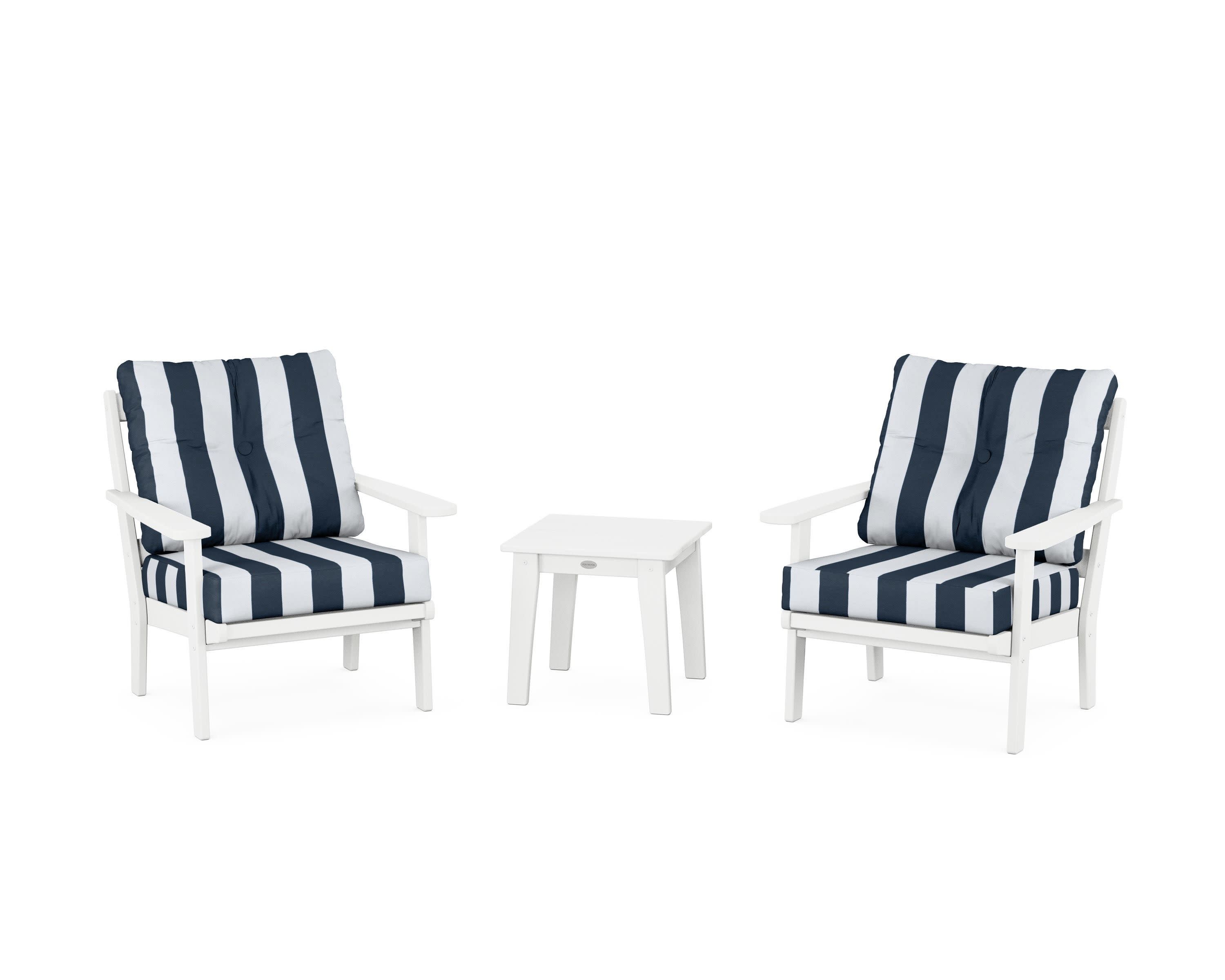 Mission 3-Piece Deep Seating Set in White / Cabana Stripe Marine Indigo