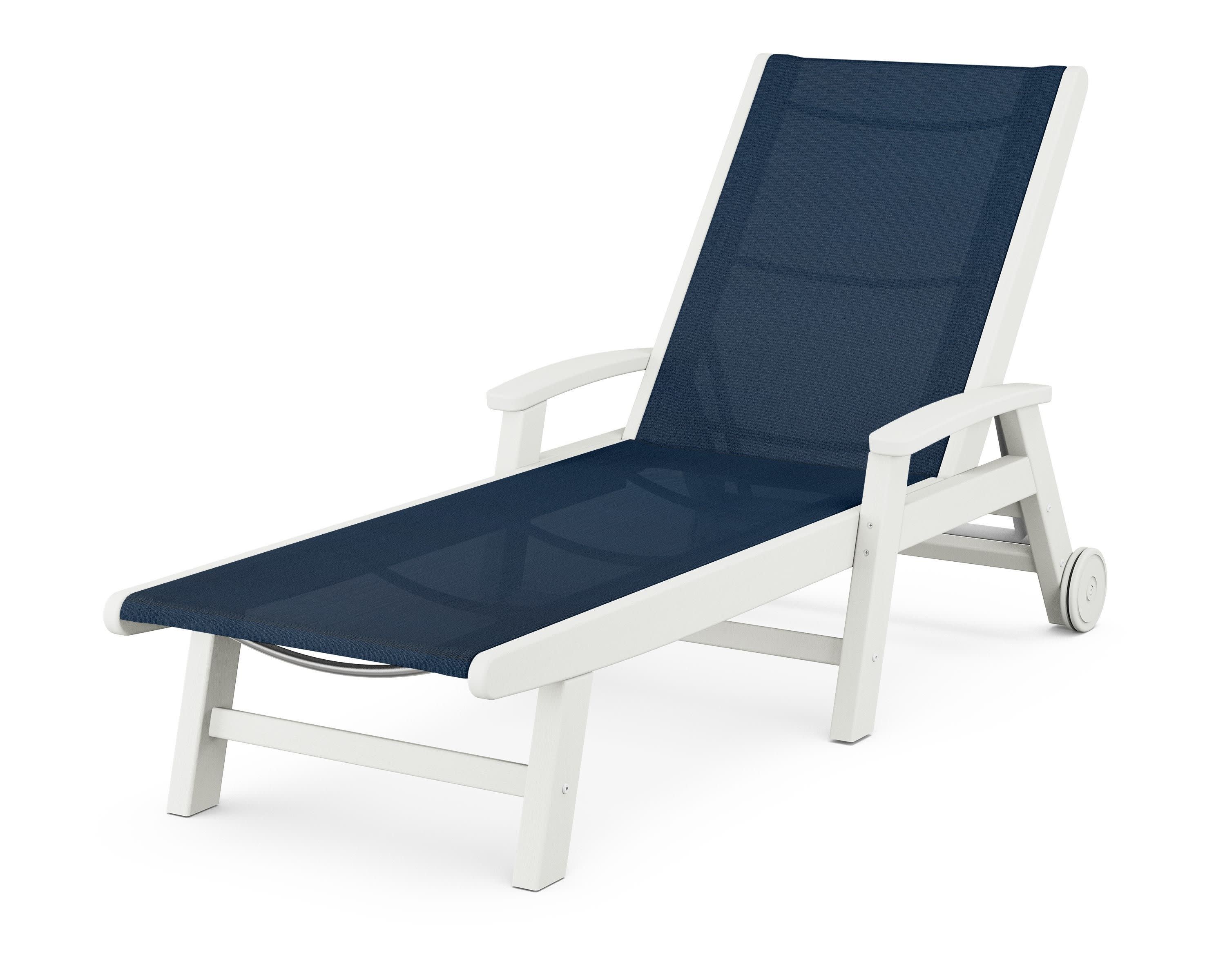 Coastal Chaise with Wheels in Vintage White / Navy Blue Sling