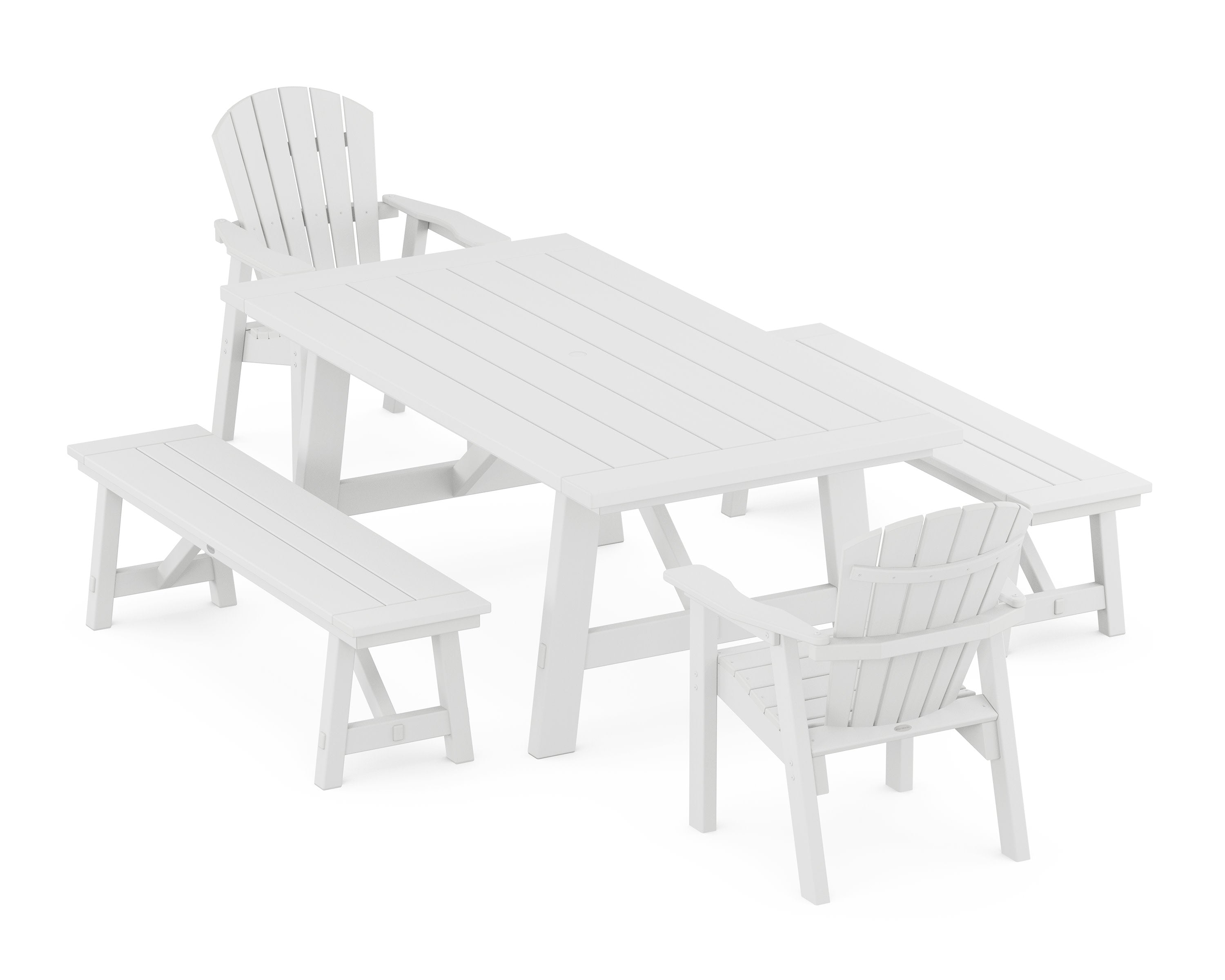 Seashell 5-Piece Rustic Farmhouse Dining Set With Benches in White