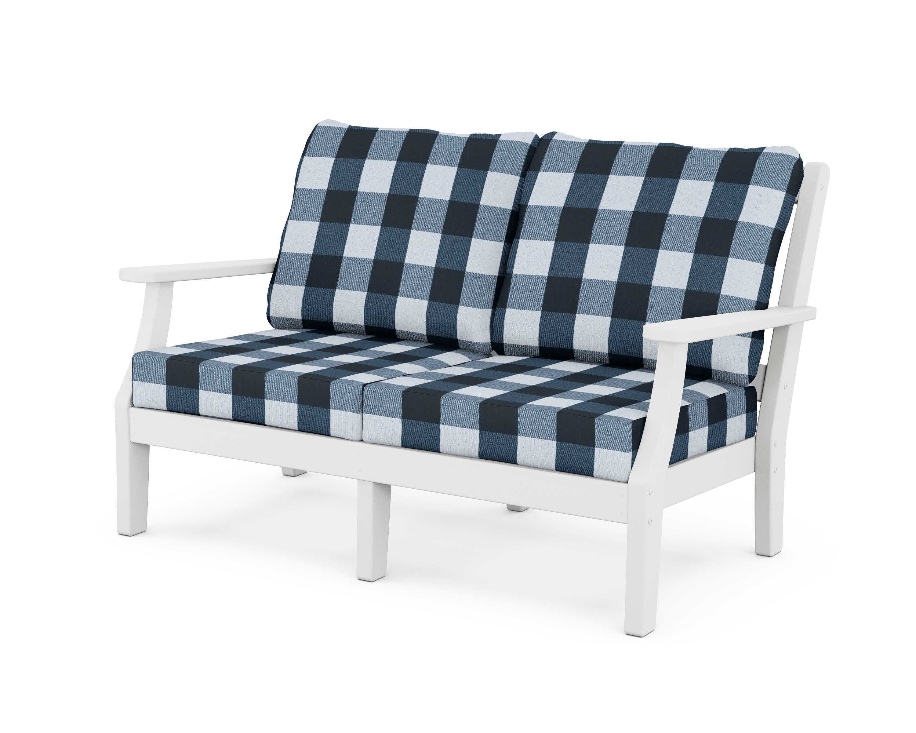 Chinoiserie Deep Seating Loveseat in White / Buffalo Plaid Marine Indigo