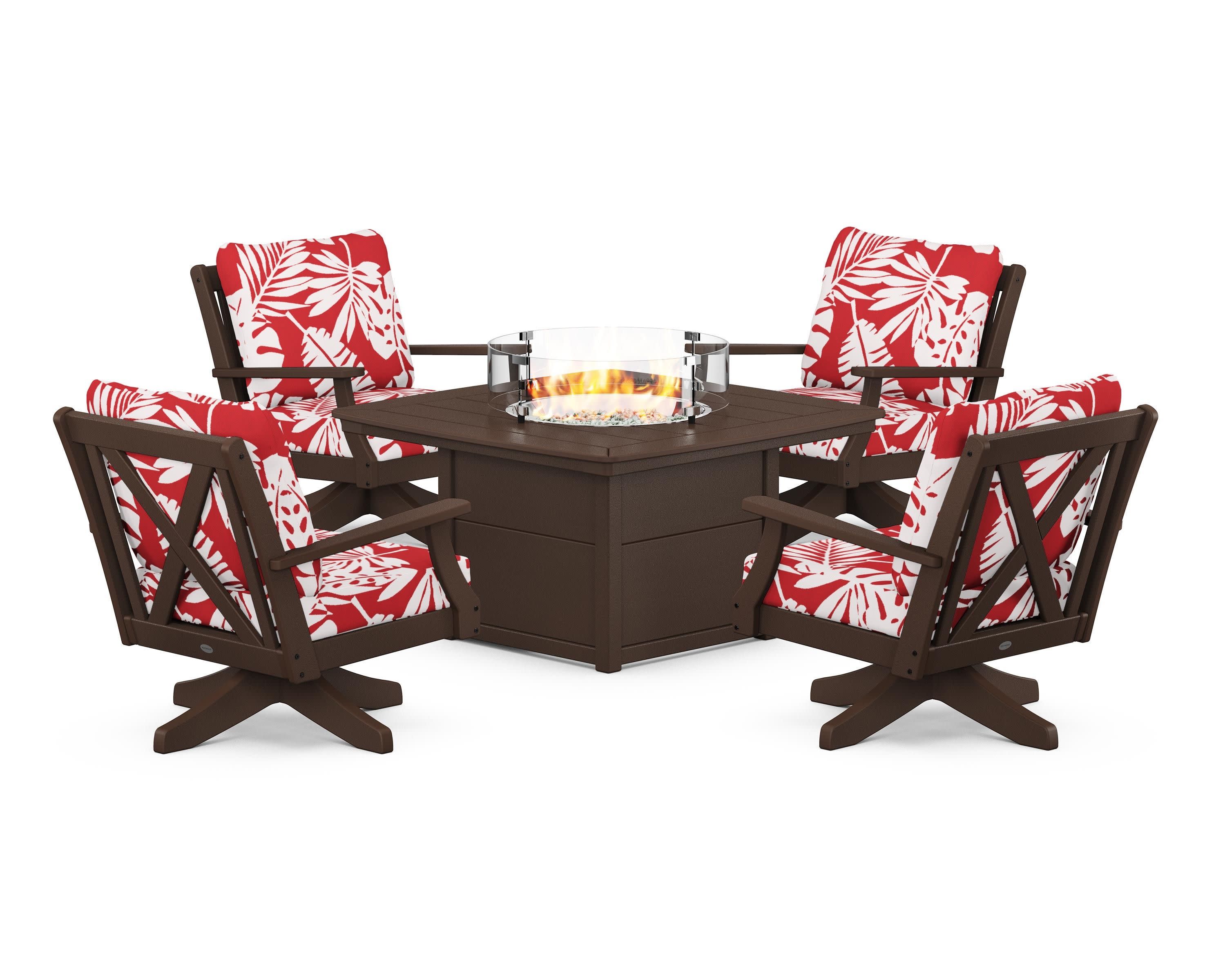 Braxton 5-Piece Deep Seating Swivel Conversation Set with Fire Pit Table in Mahogany / Leaf Crimson
