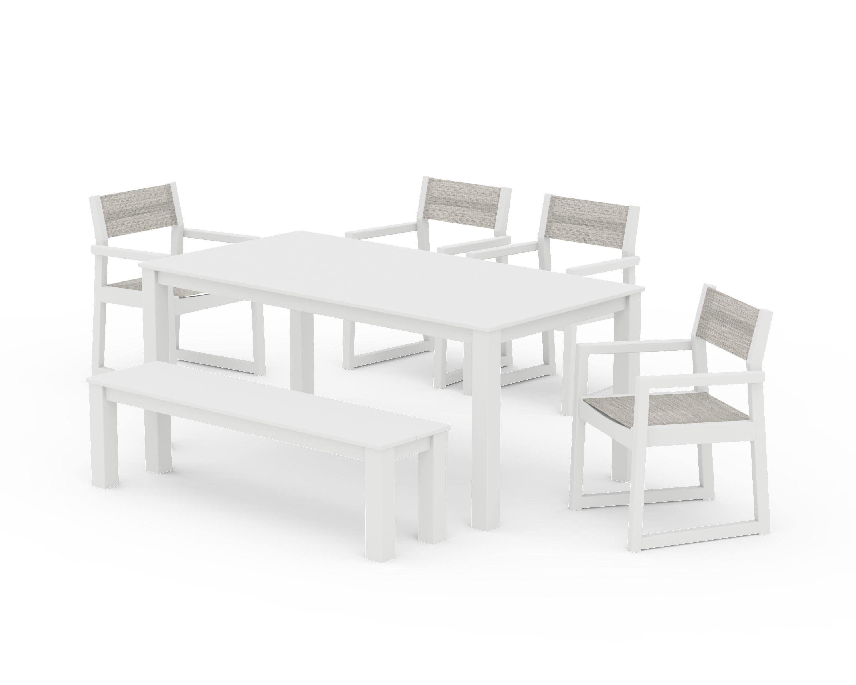 EDGE Sling Arm Chair 6-Piece Parsons Dining Set with Bench in White / Birch Sling