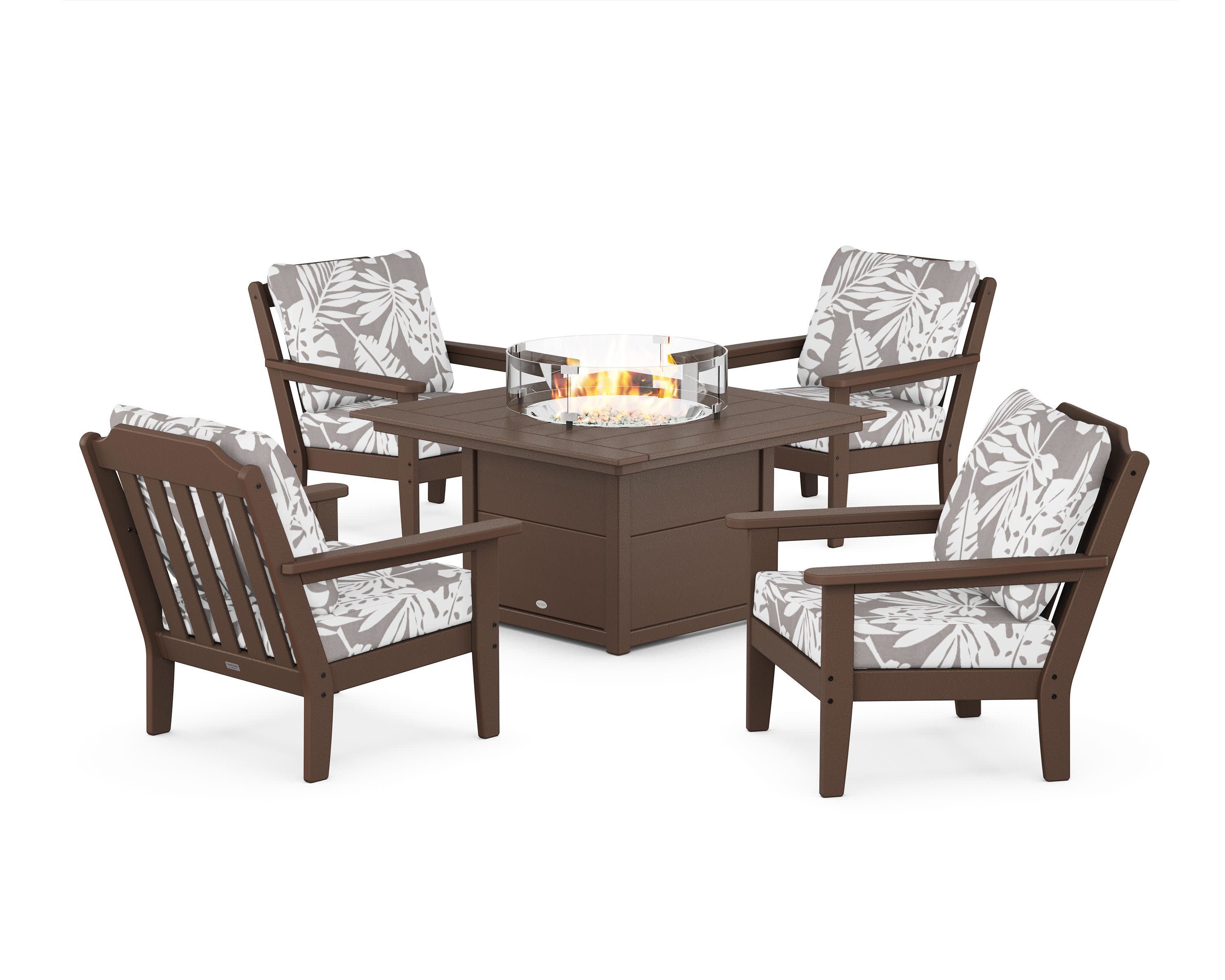 Cottage 5-Piece Deep Seating Set with Fire Pit Table in Mahogany / Leaf Grey Mist