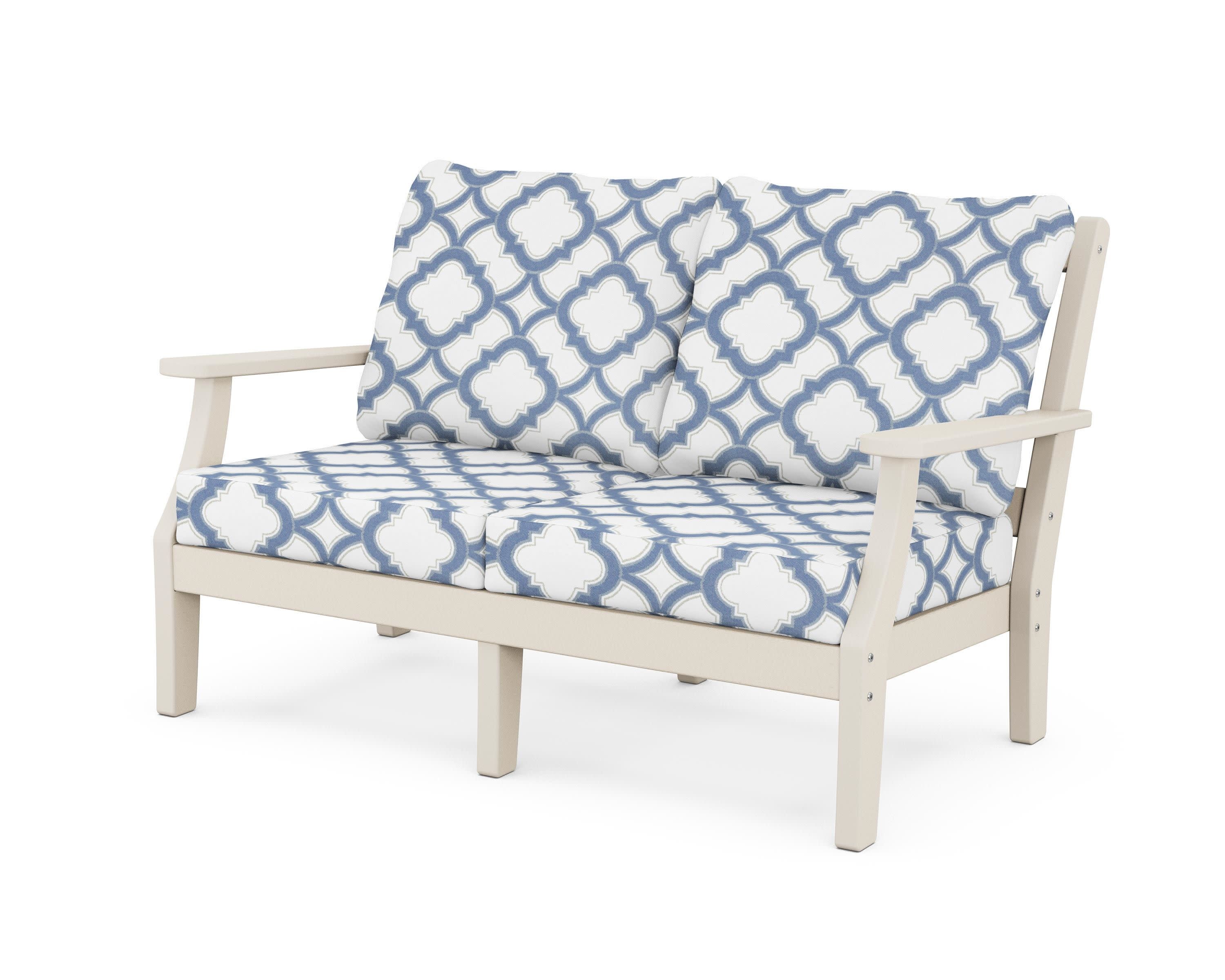 Chinoiserie Deep Seating Loveseat in Sand / Trellis Sky Blue