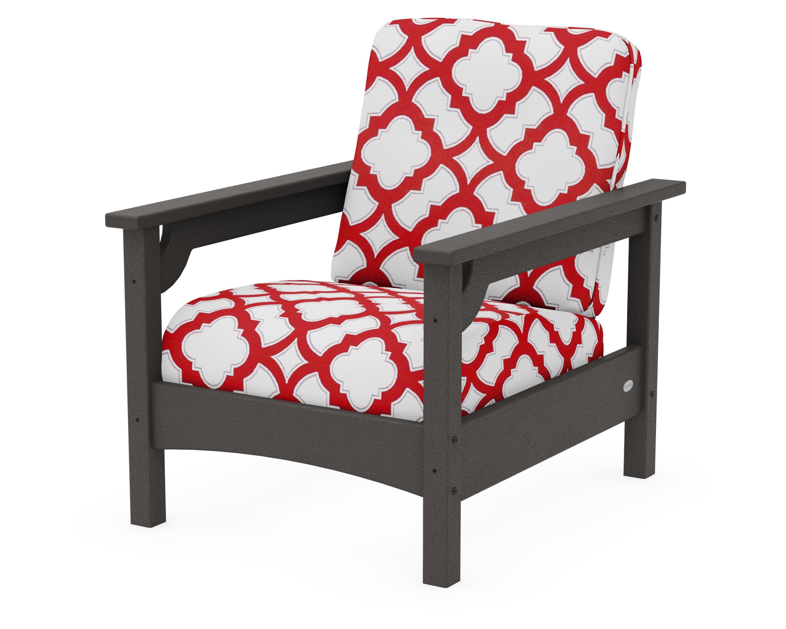 Club Chair in Vintage Coffee / Trellis Crimson