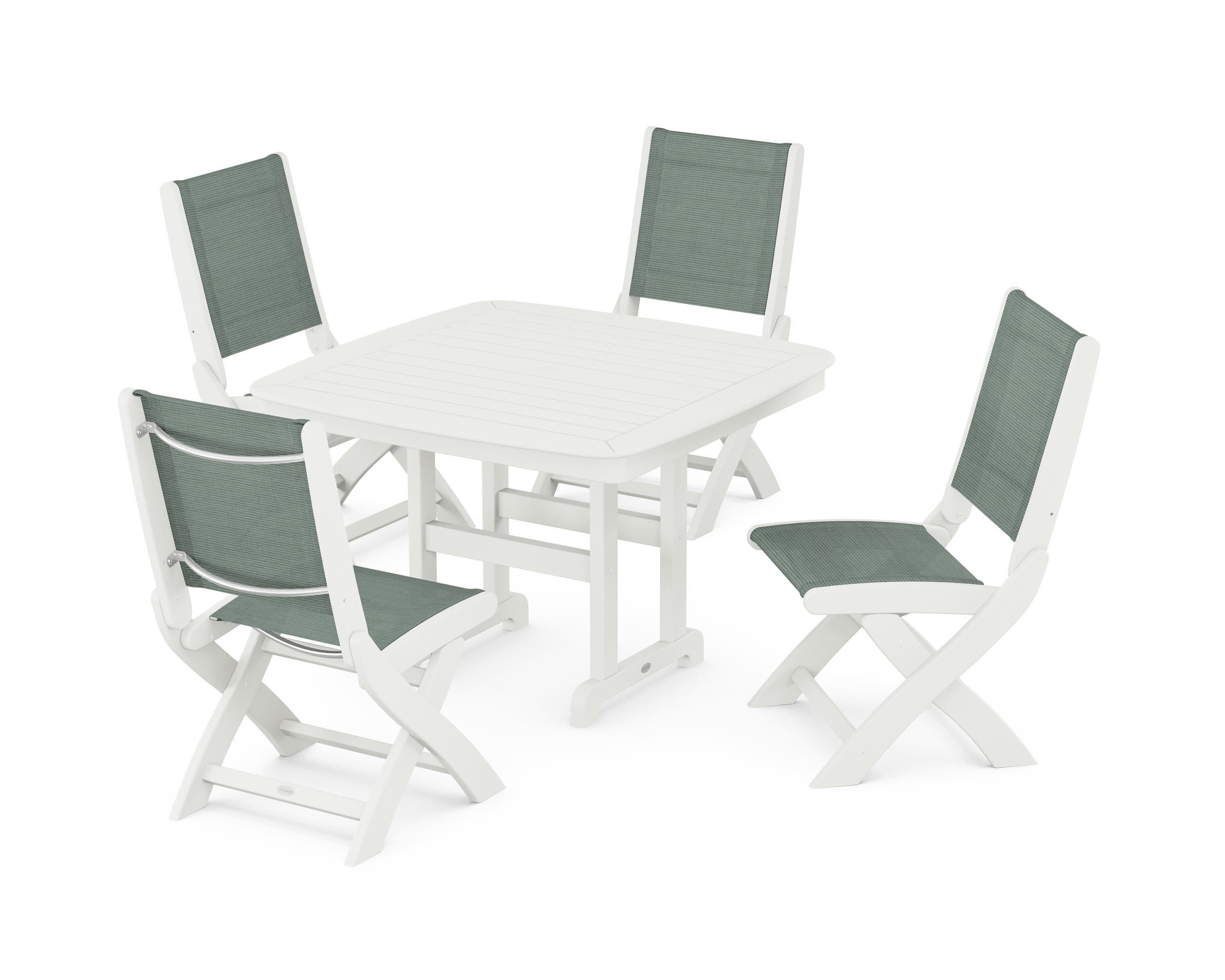 Coastal Folding Side Chair 5-Piece Dining Set in Vintage White / Dupioni Sea Mist Sling