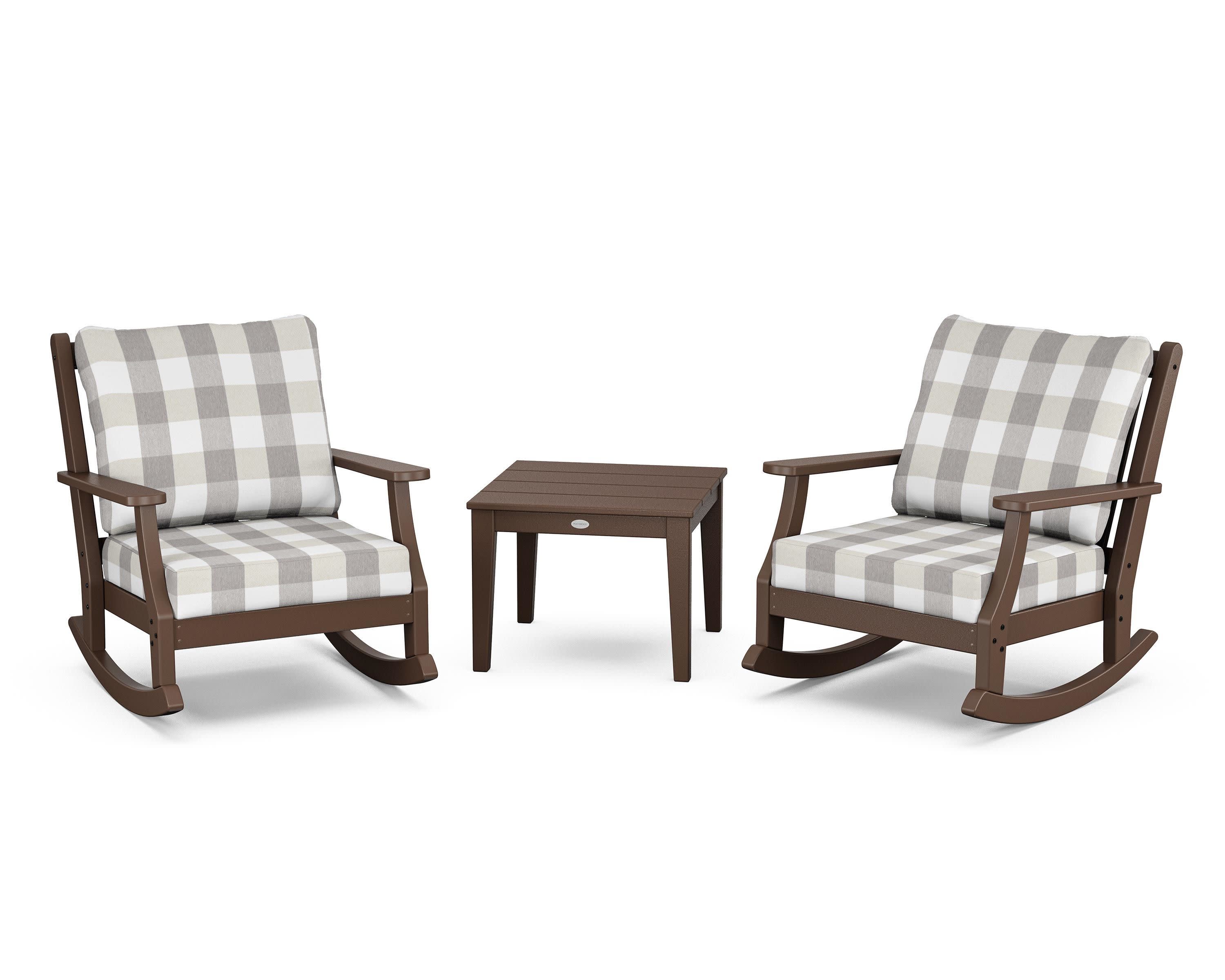 Wovendale 3-Piece Deep Seating Rocker Set in Mahogany / Buffalo Plaid Grey Mist