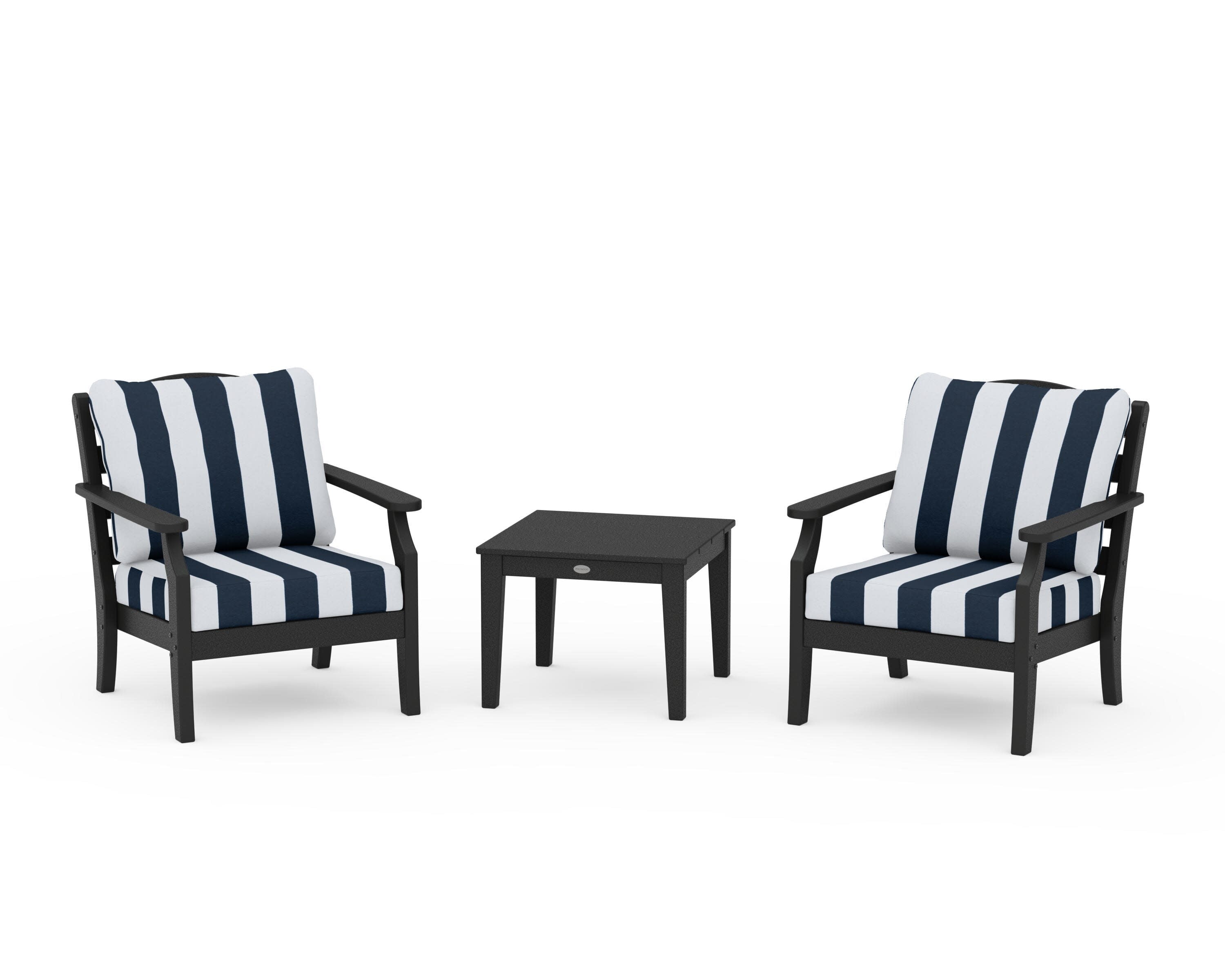Savannah 3-Piece Deep Seating Set in Black / Cabana Stripe Marine Indigo
