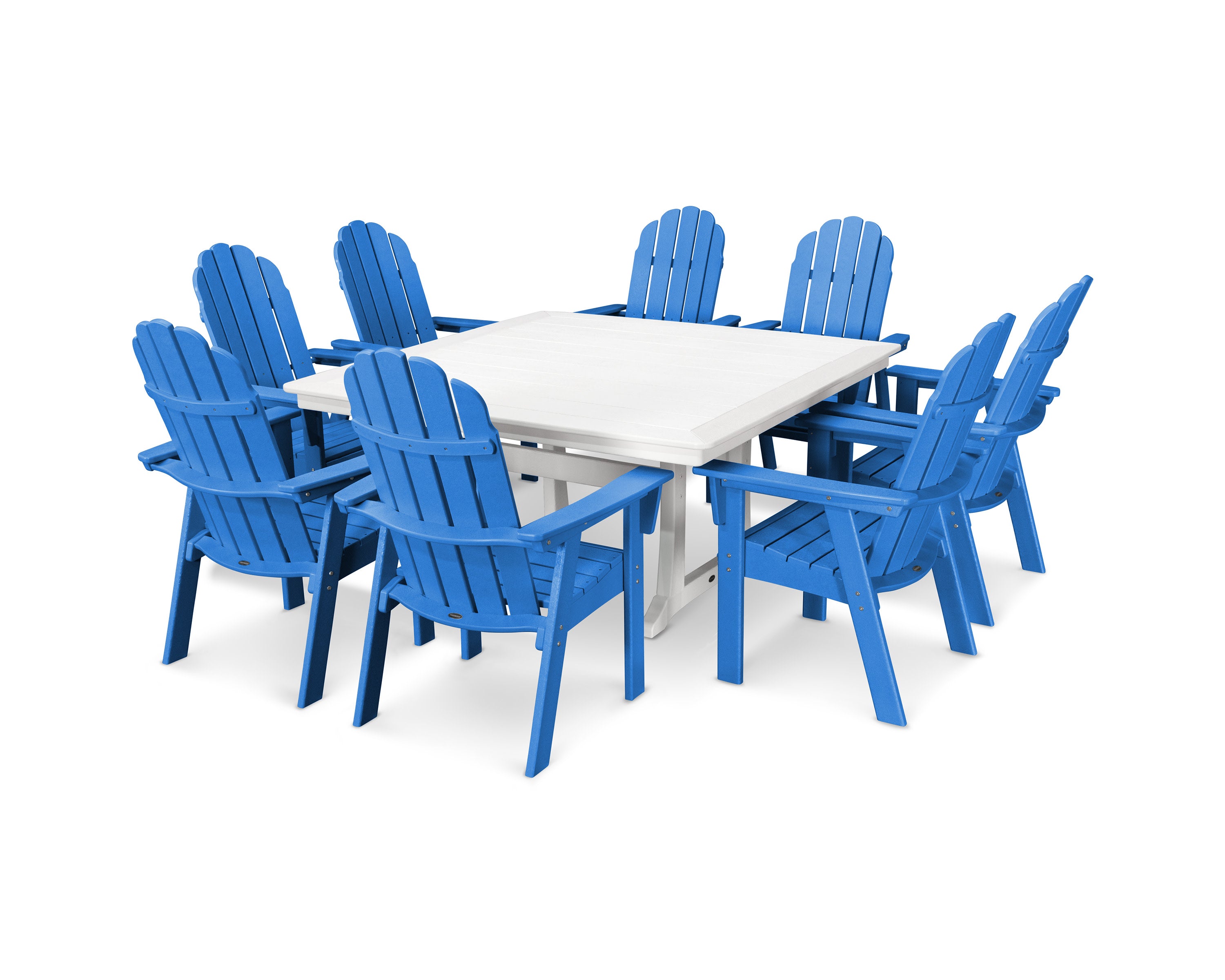 Vineyard Curveback Adirondack 9-Piece Nautical Trestle Dining Set in Pacific Blue / White