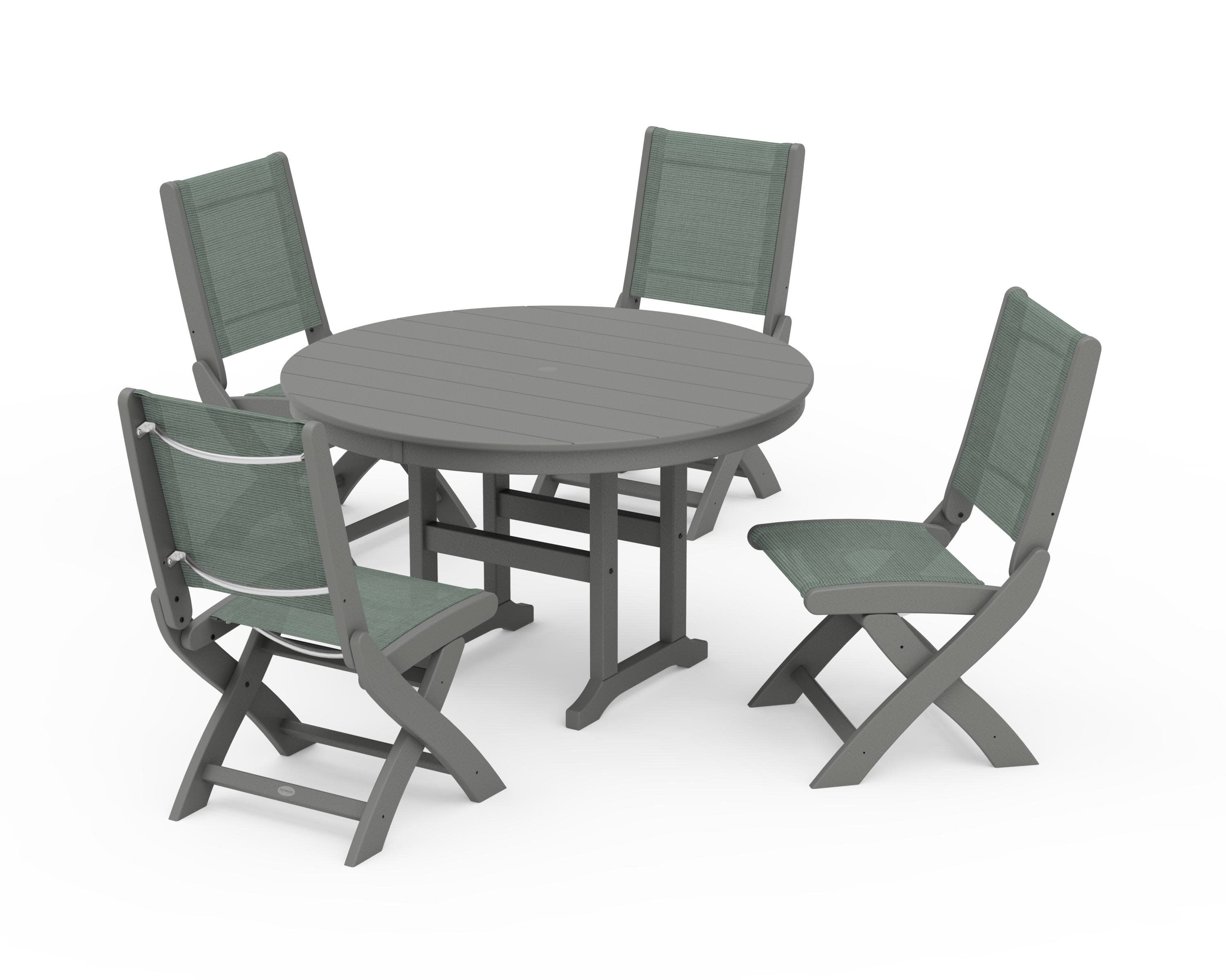 Coastal Folding Side Chair 5-Piece Round Dining Set in Slate Grey / Dupioni Sea Mist Sling