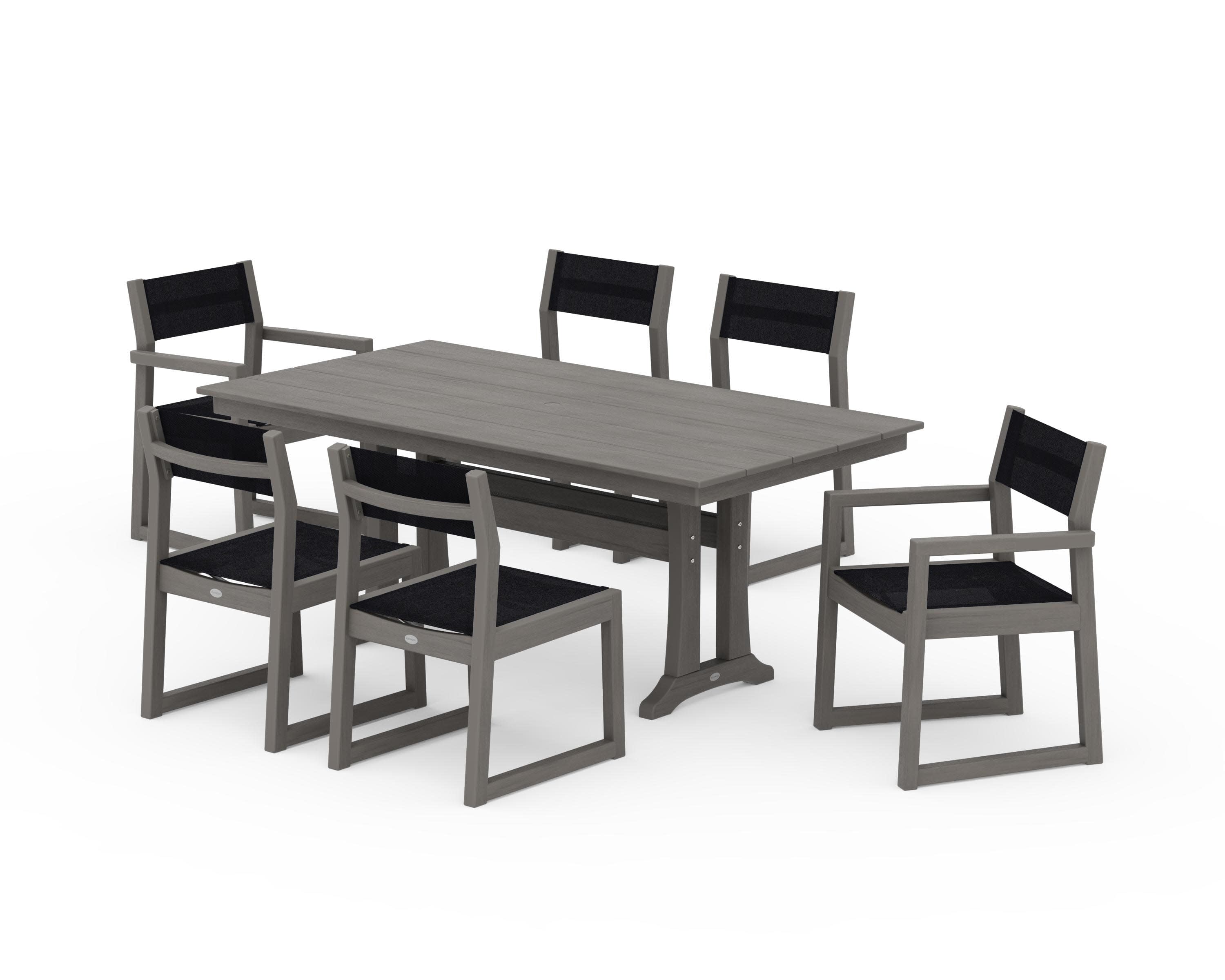 EDGE Sling 7-Piece Farmhouse Trestle Dining Set in Driftwood / Black Sling