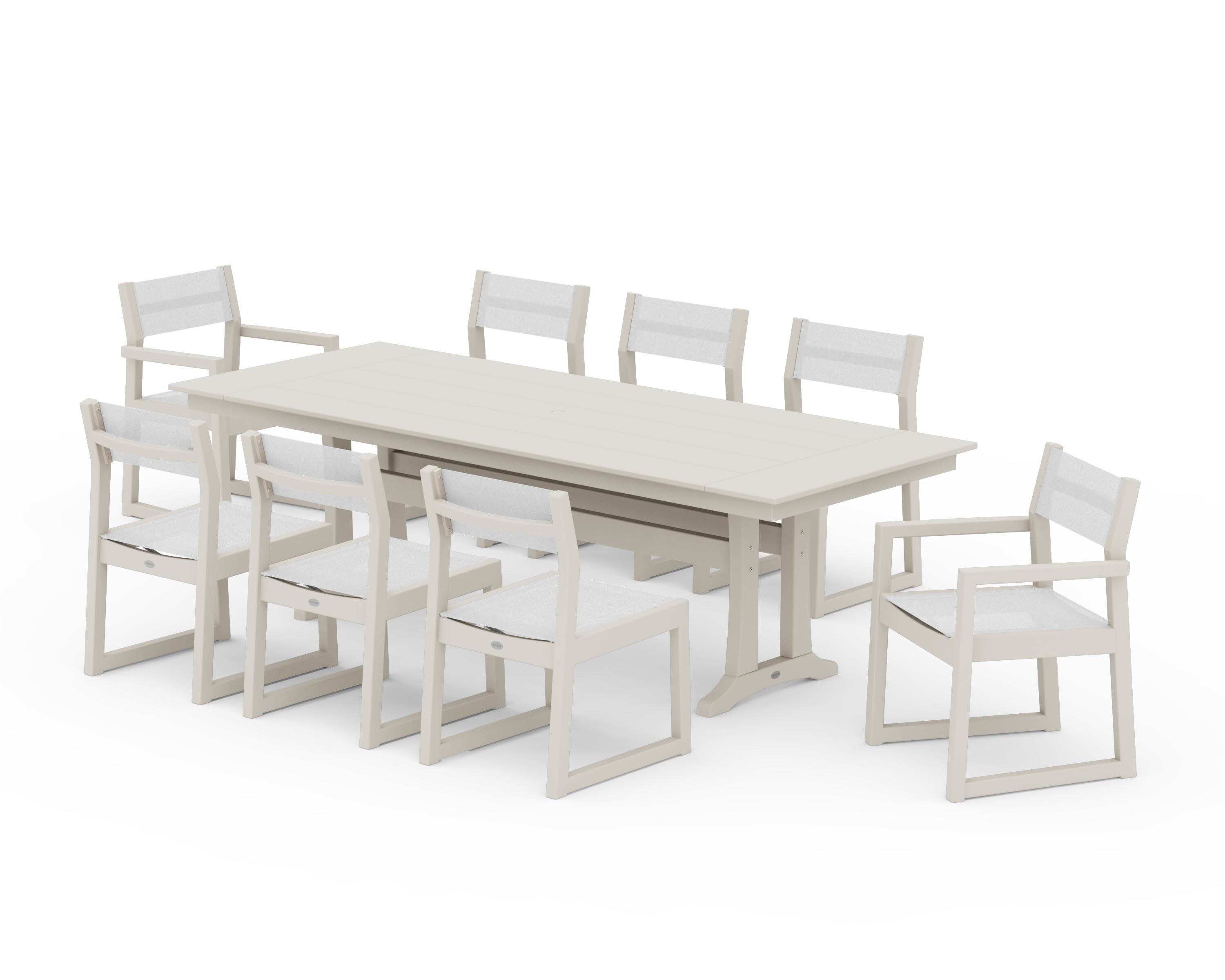 EDGE Sling 9-Piece Farmhouse Trestle Dining Set in Sand / White Sling