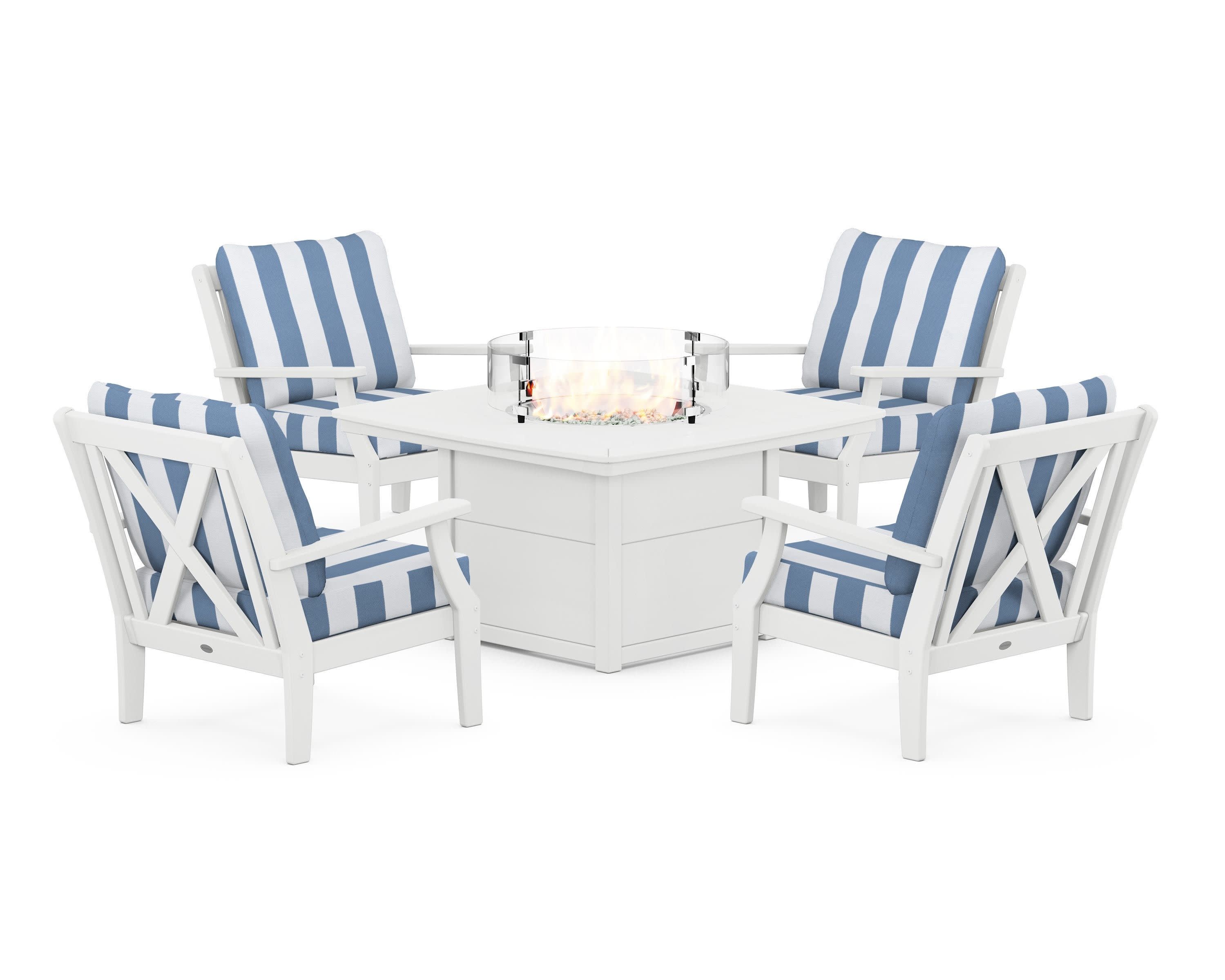 Braxton 5-Piece Deep Seating Conversation Set with Fire Pit Table in White / Cabana Stripe Sky Blue